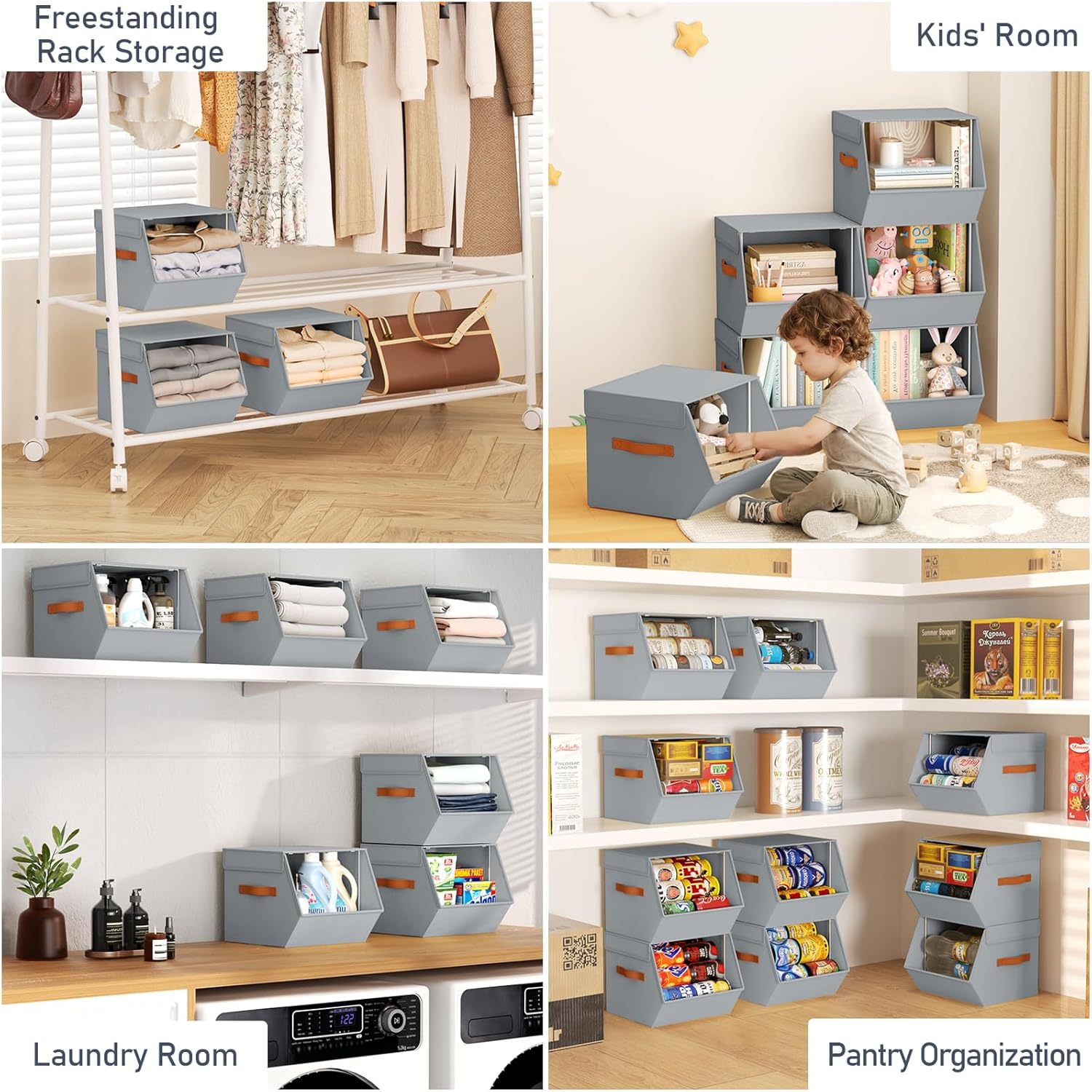 DIMJ Foldable Storage Box Stackable Storage Bin,4 Pack, Gray