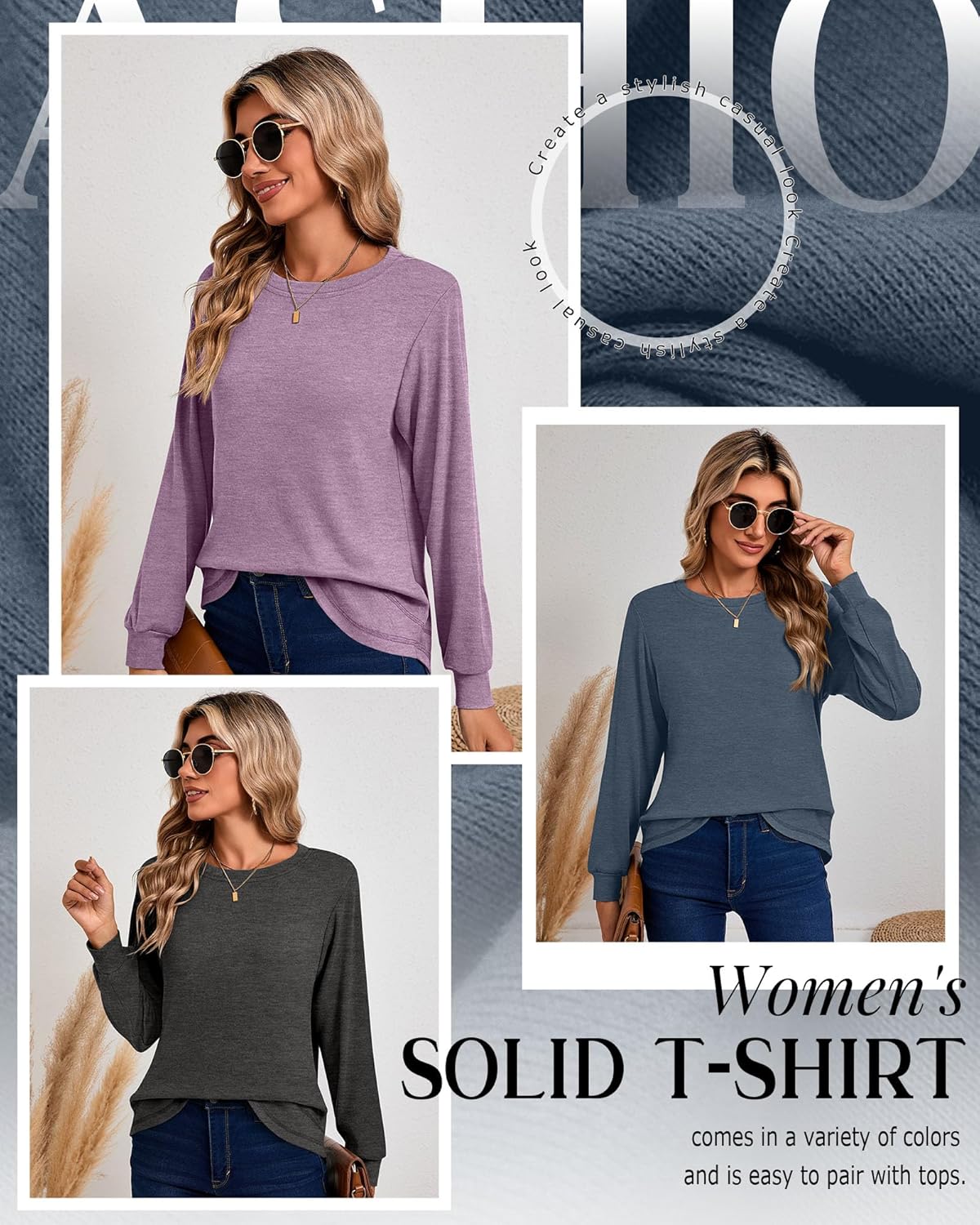 Ficerd 3 Pack Women's Long Sleeve Shirts, Cotton Crew Neck Tunic Tops Casual Loose Fit Pullover Sweatshirts Curved Hem Shirts - Image 5