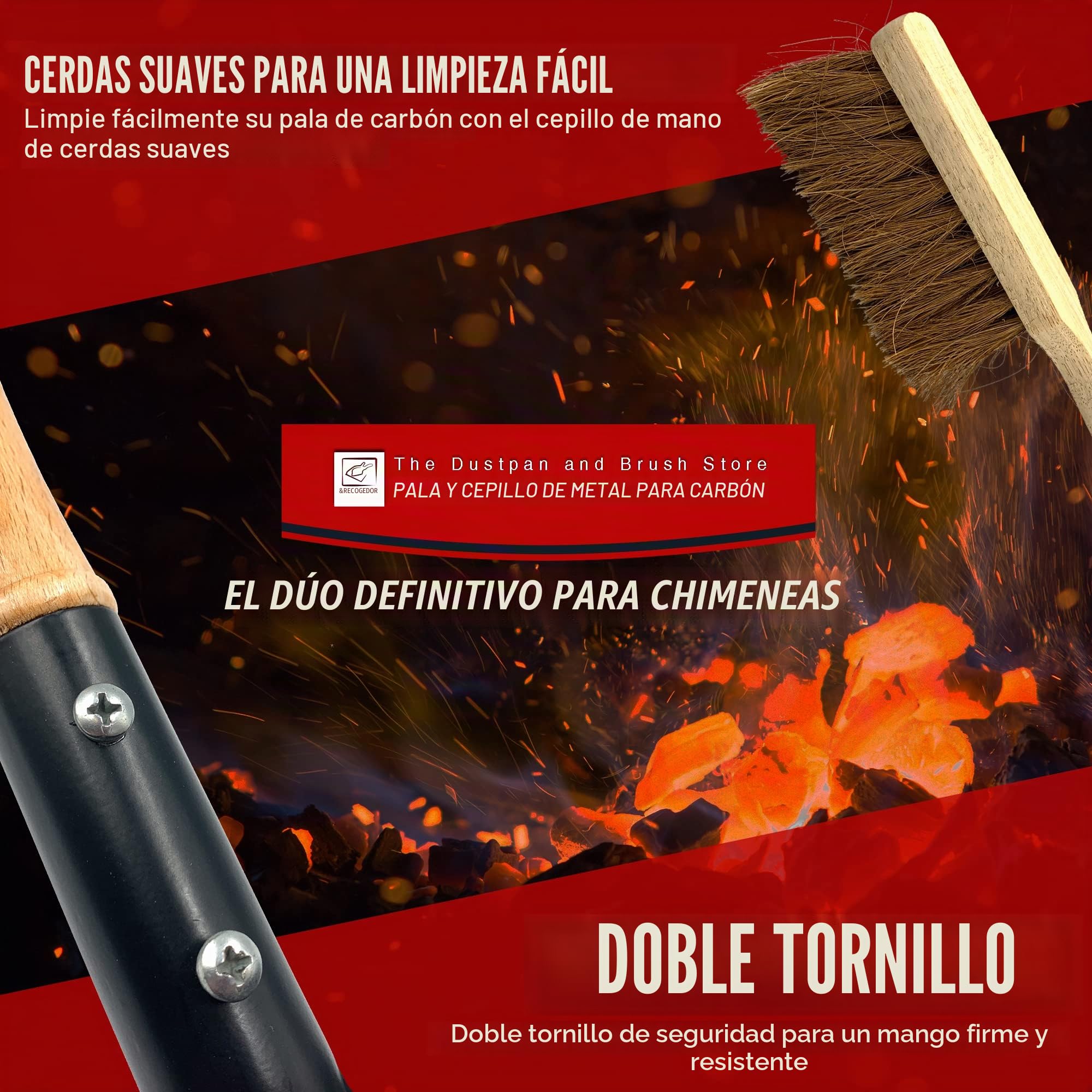Juego de pala y cepillo de carbón de metal fuerte, pala de 9 pulgadas con cepillo suave, recogedor grande de jardín para carbón y cenizas