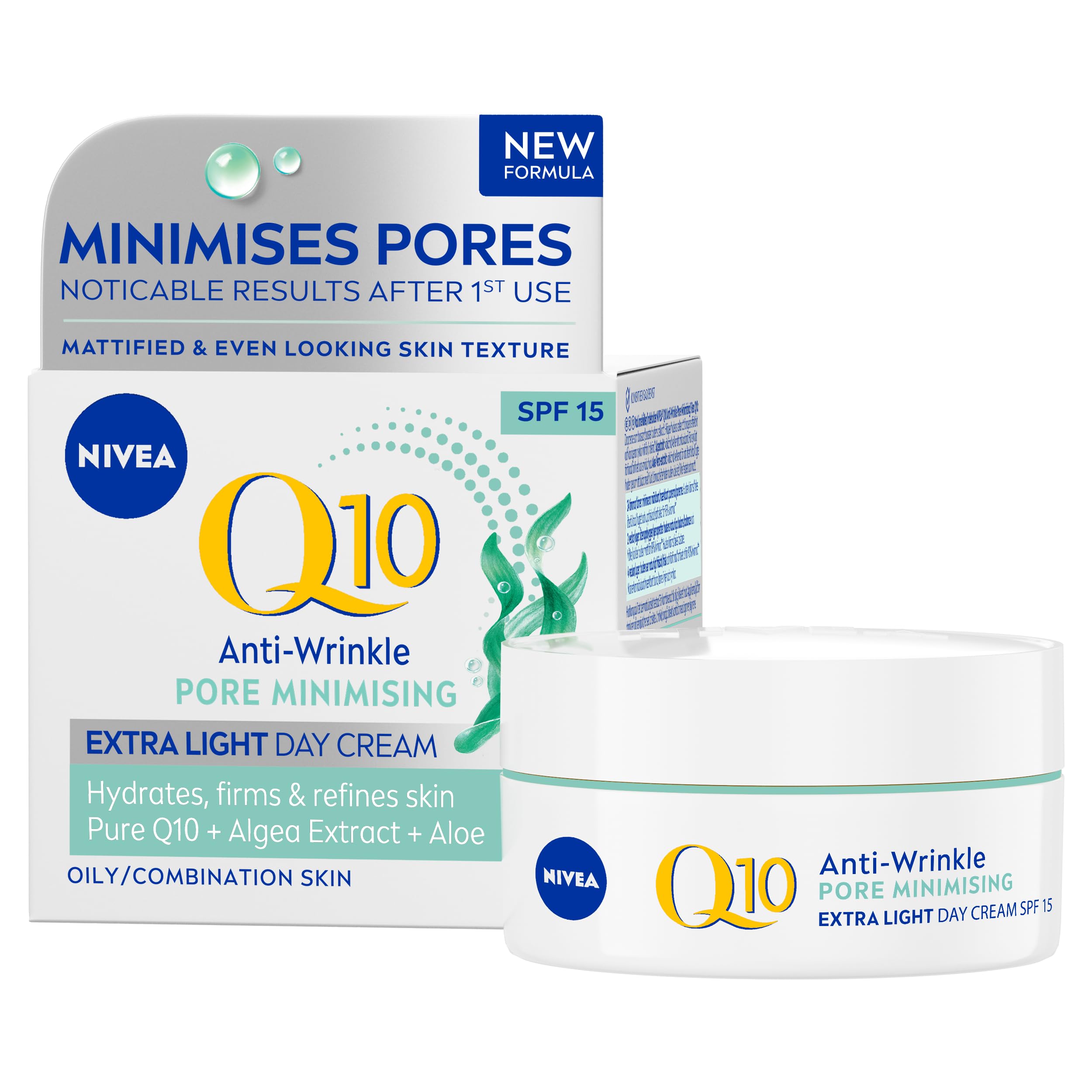 NIVEA Q10 Anti-Wrinkle Pore Minimising Extra Light Day Cream SPF15 (50ml), Anti-Wrinkle Moisturiser with Light Texture, Pore Minimising Cream with UVA/UVB Protection