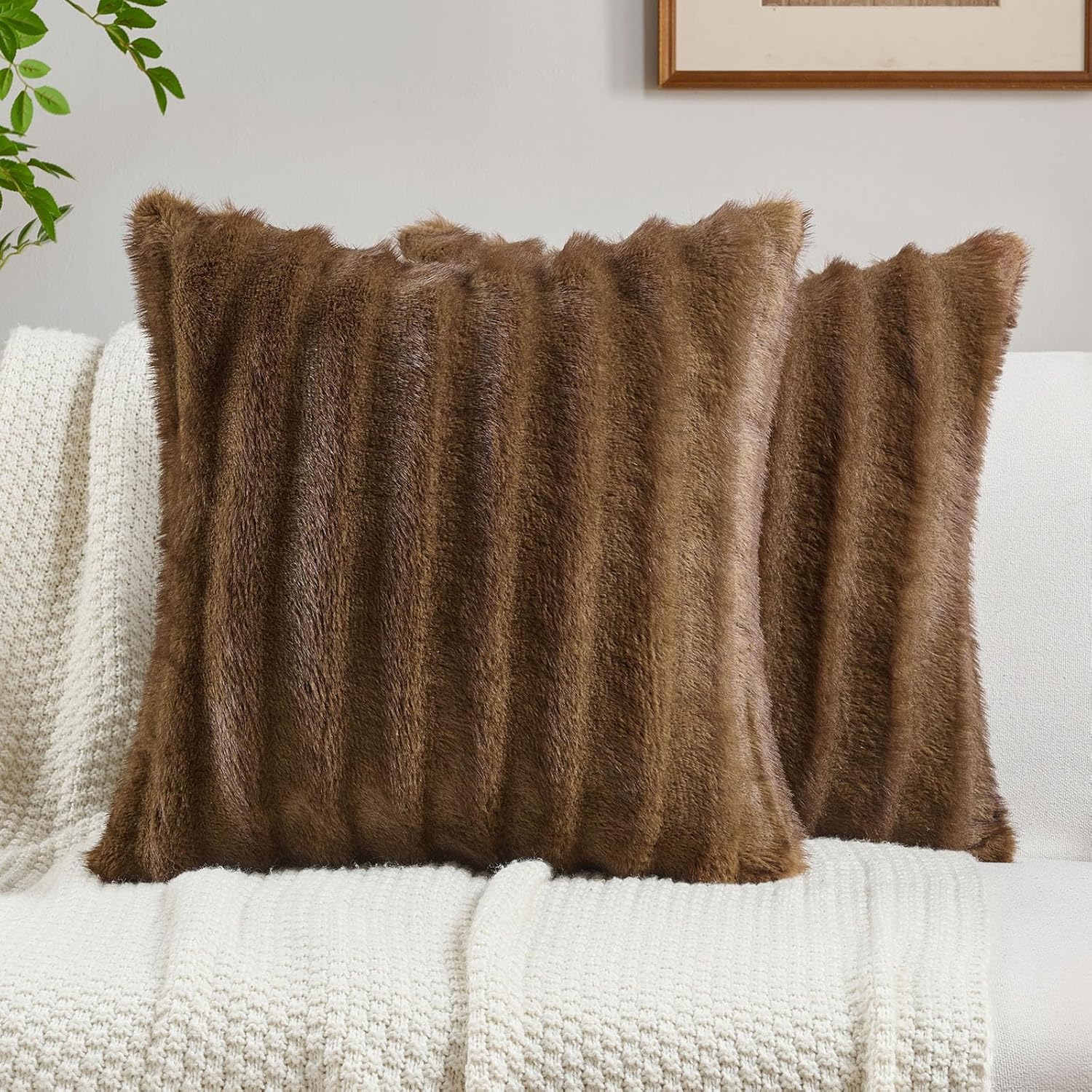 FUTEI Brown Decorative Throw Pillow Covers 16x16 Inch Set of 2,Soft Fluffy Faux Rabbit Fur Dyeing Striped Textured Cushion Case,Modern Home Decor for Couch Bed Living Room Brown 16" x 16" (Pack of 2)