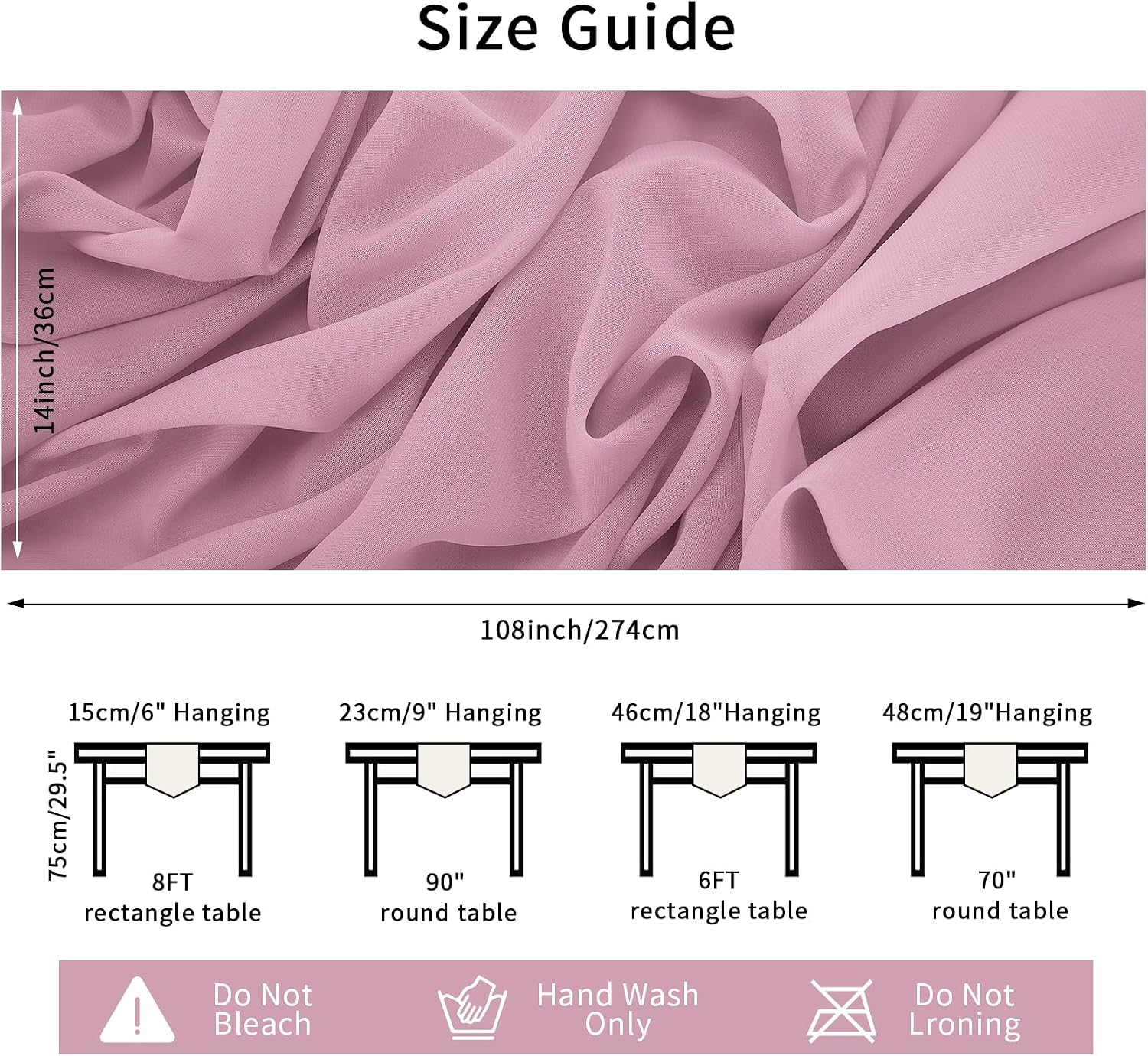 12 Pack Chiffon Table Runner 14x108 Inch Long 9ft Sheer Table Runners for Party Romantic Wedding Bridal Shower Fall Decorations-Dusty Pink
