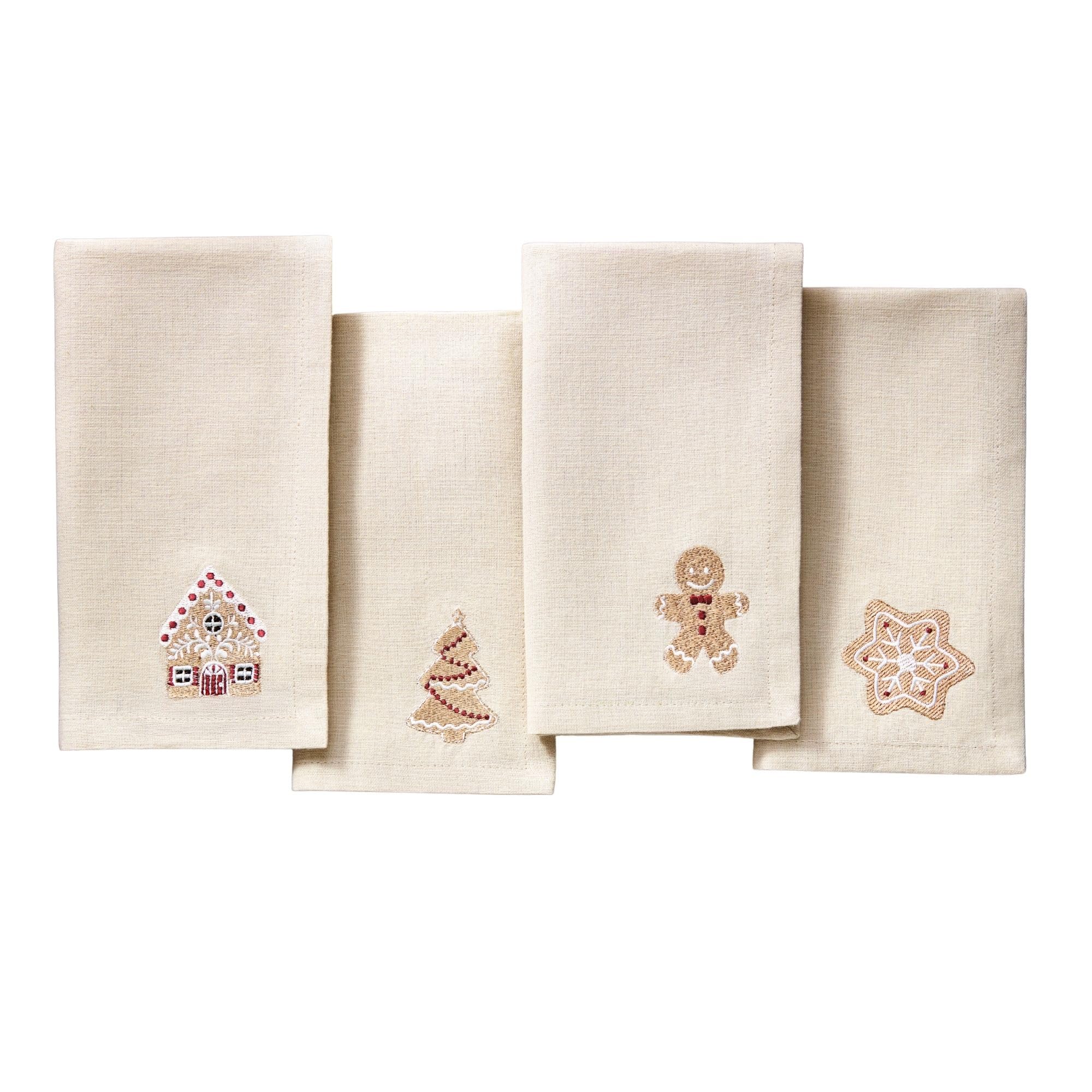 Elrene Home Fashions Gingerbread Bliss Holiday Embroidered Christmas Cotton Napkins, Set of 4