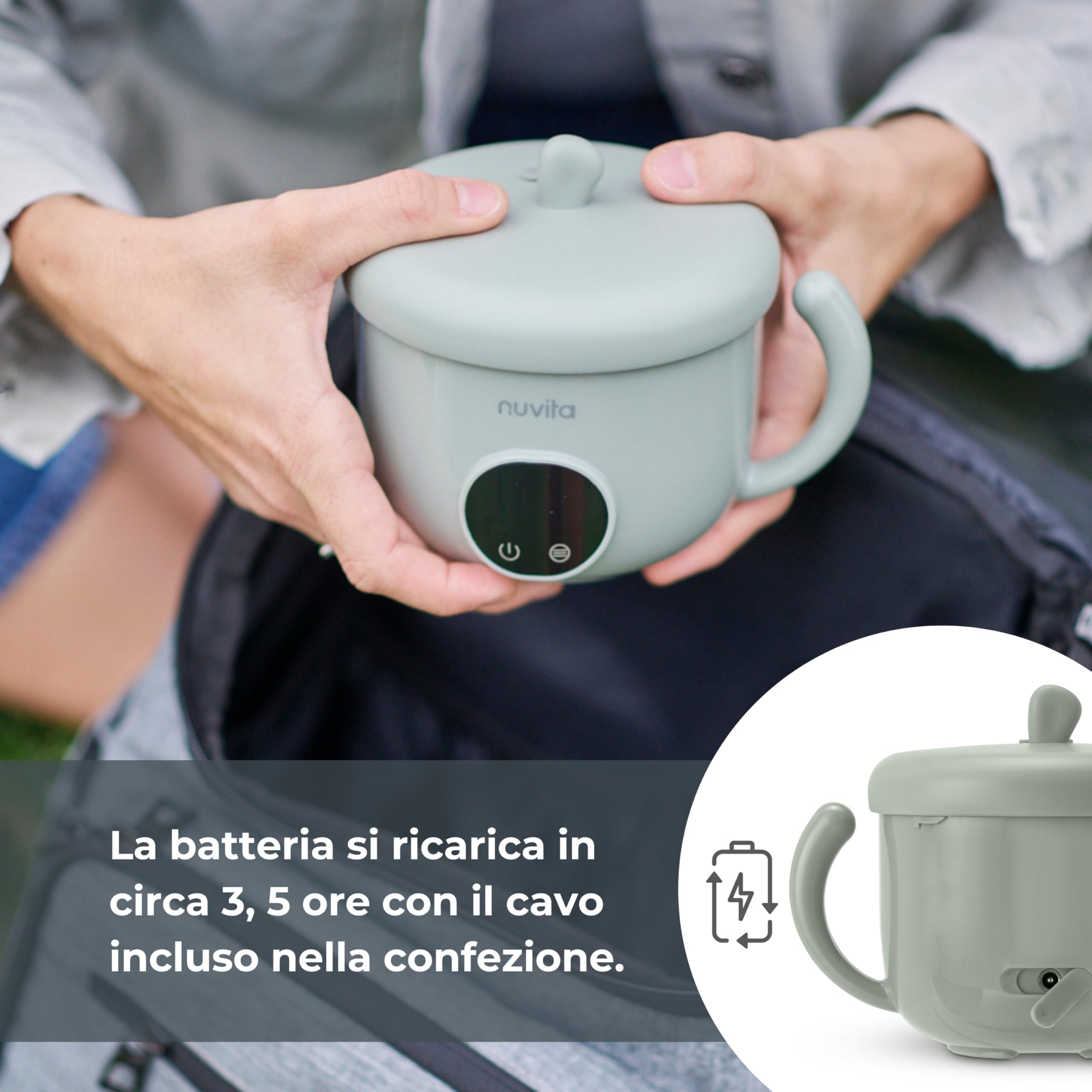 Nuvita 1980 Pappa'n'Go Scaldavivande Portatile per Bambini – Ricaricabile, Impermeabile, con Controllo Intelligente della Temperatura, Interno in Acciaio Inossidabile e Base Antiscivolo