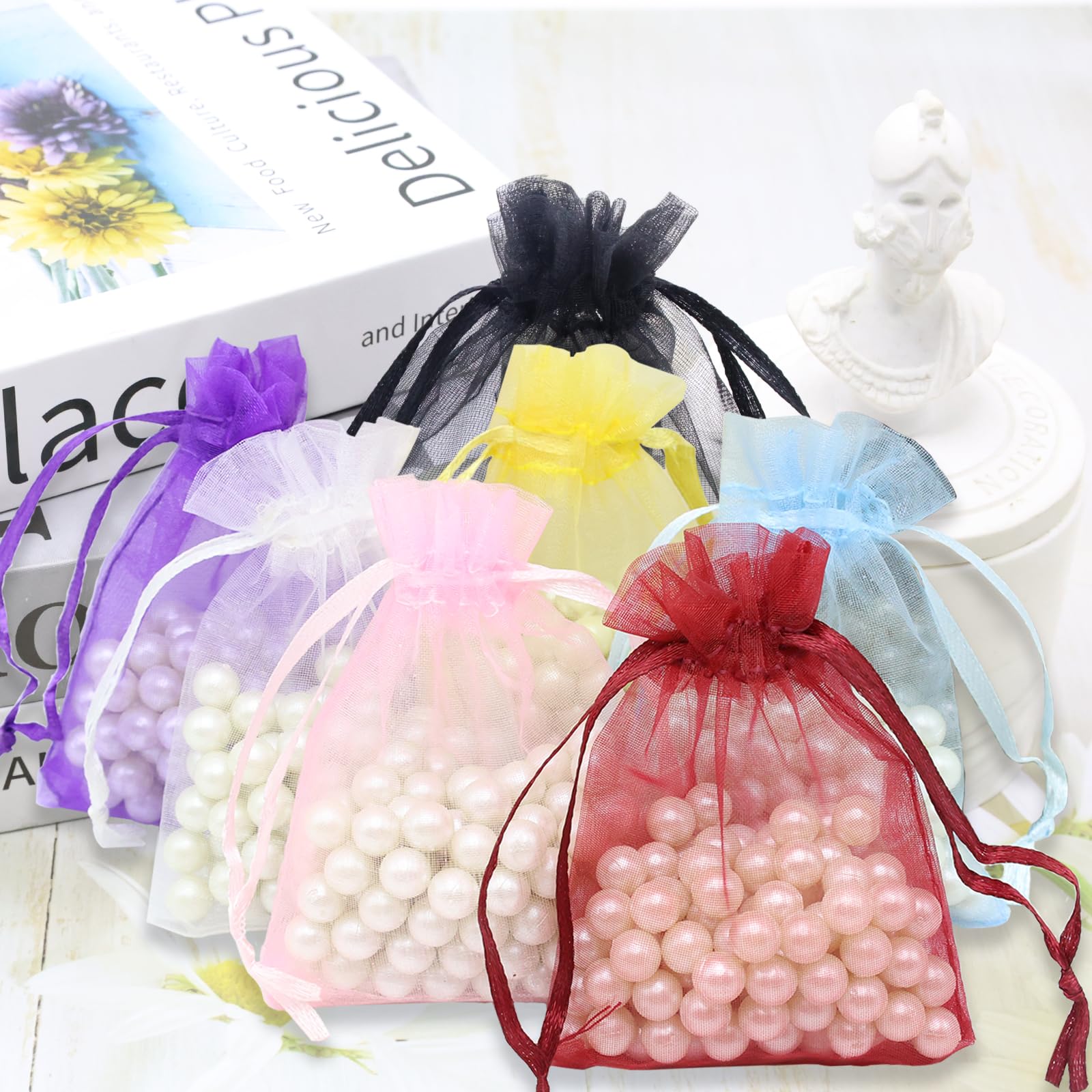 Leeyunbee 100 szt. Jasnoniebieskie woreczki z organzy 10 x 15 cm woreczki z organzy, woreczki, na prezent, biżuteria, ślubne torebki na cukierki, na imprezę festiwalową i wesele, satynowy sznurek