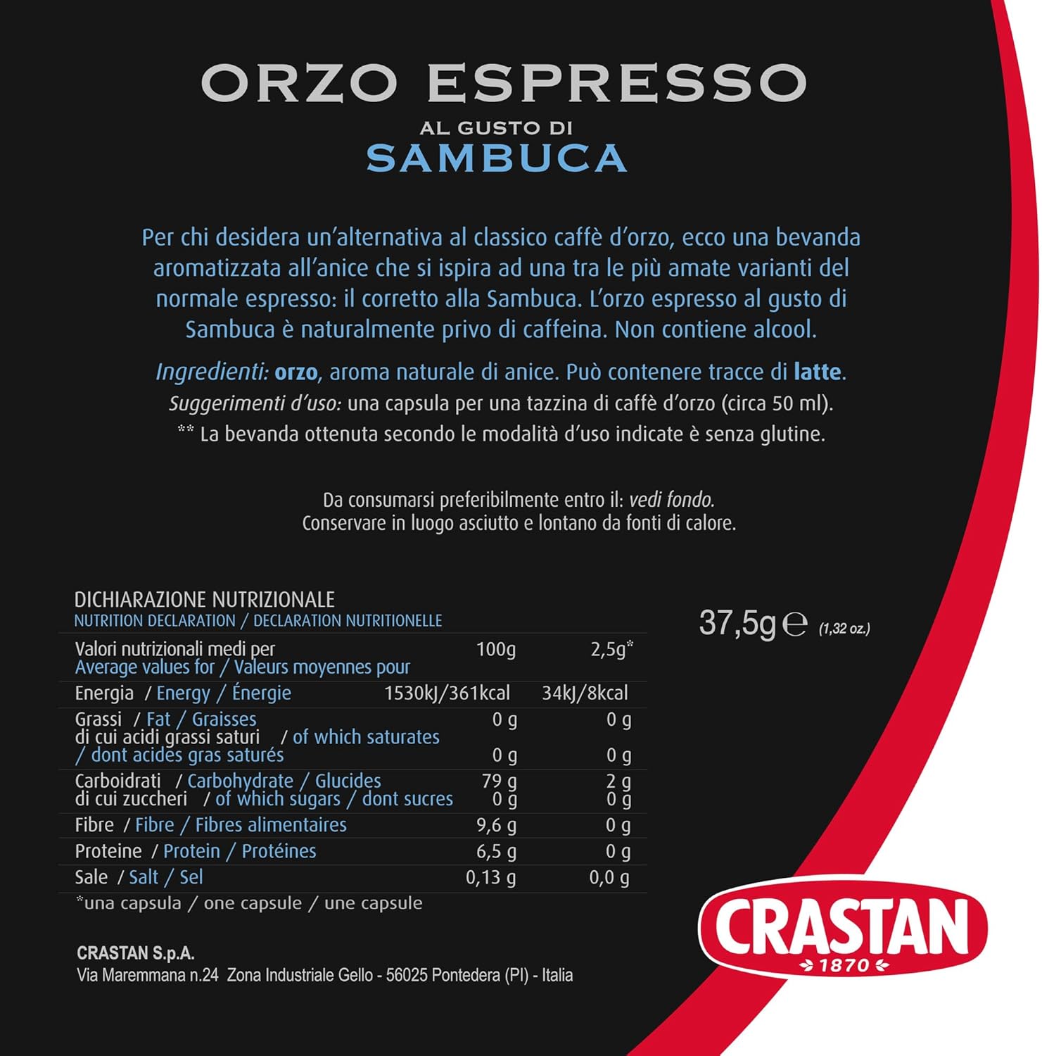 CRASTAN 1870, 15 Capsule, 1 Box da 15 Capsule di Orzo Espresso al Gusto Sambuca, Capsule Compatibili con Sistema Nespresso, Bevanda Senza Glutine, 100% Made in Italy Orzo alla Sambuca 15 unità (Confezione da 1) - Immagine 5