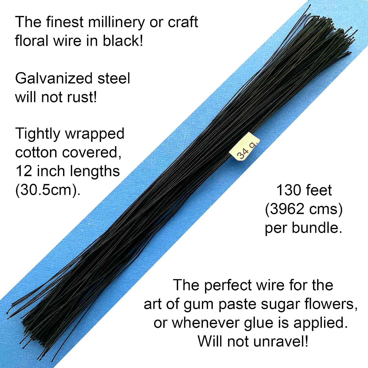 34 Gauge Black Cotton Floral Wire - 130 feet per Bundle (39.6m) in 12 inch (30.5cm) Lengths