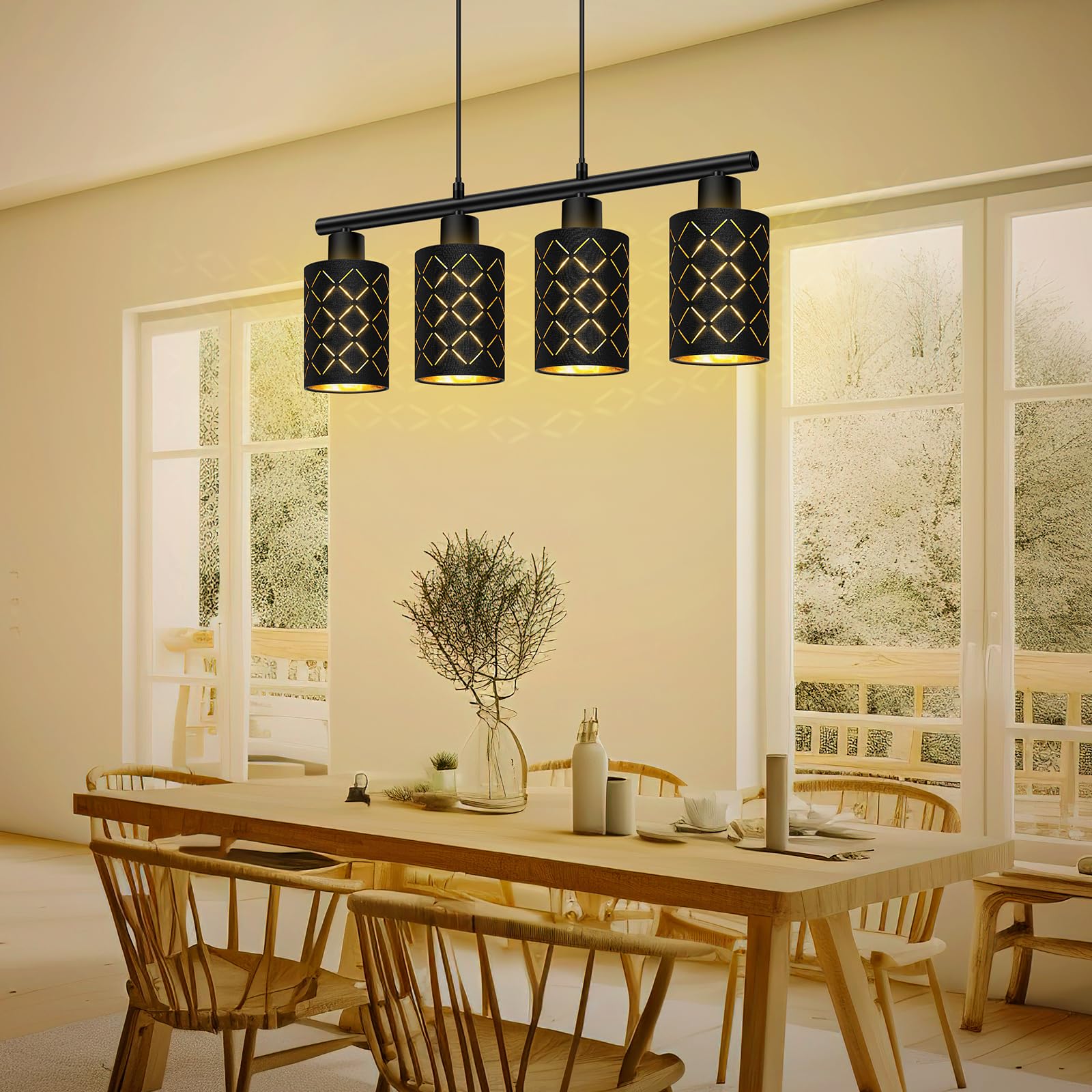 Pendelleuchte Esstisch 4 Flammig Schwarz, Hängelampe Esszimmer Höhenverstellbar, Vintage Esszimmerlampe E27 mit Laser-Cut Stoffschirmen, Modern Industrie Esstisch Hängeleuchte für Küche Wohnzimmer Bar