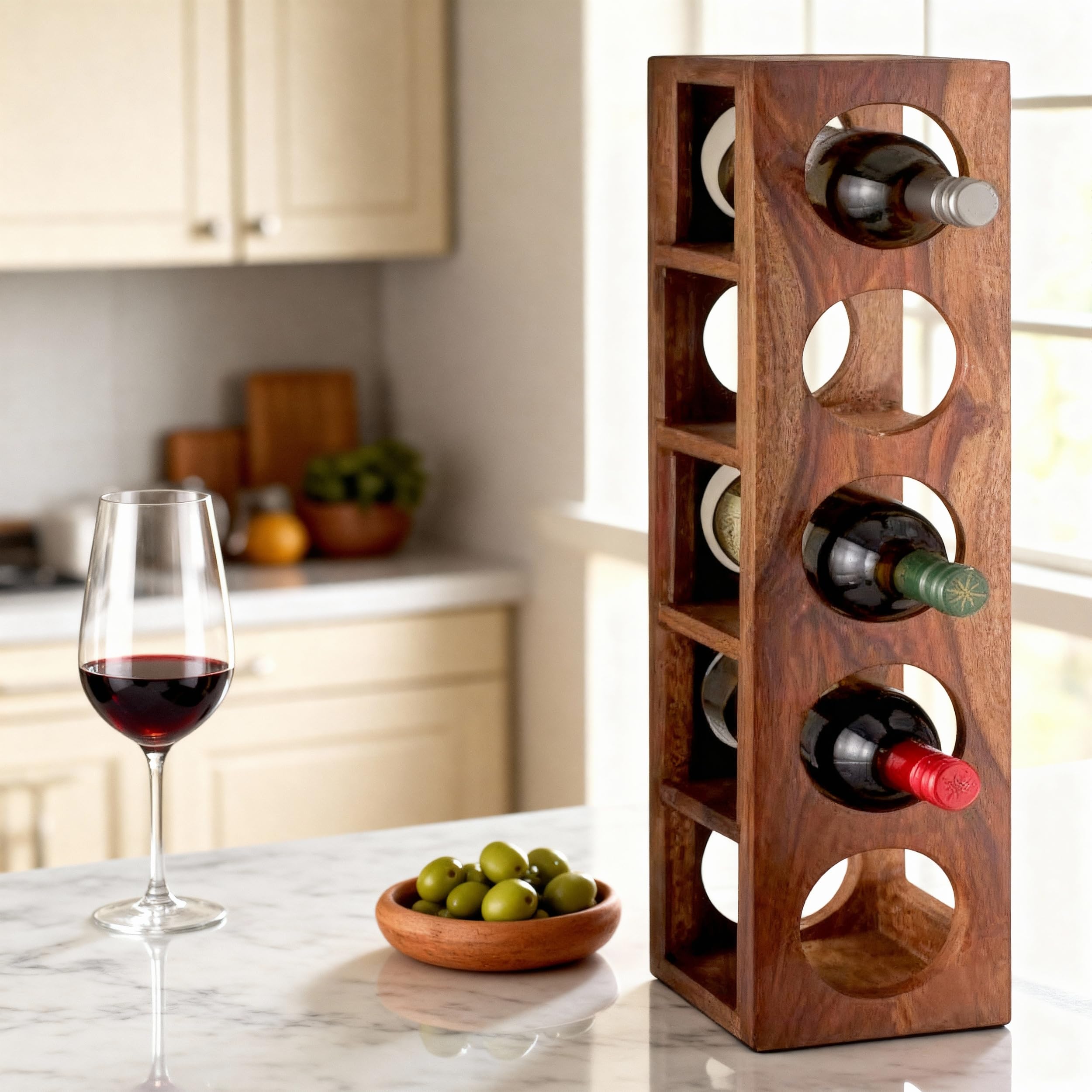 Ikiriya Wembley Sheesham Wood Accent Wine Rack in Natural Teak Finish for Upto 5 Bottles for Living Room | Bar | Kitchen | Home | Dining Room | Café | Resort | Hotel-image-37