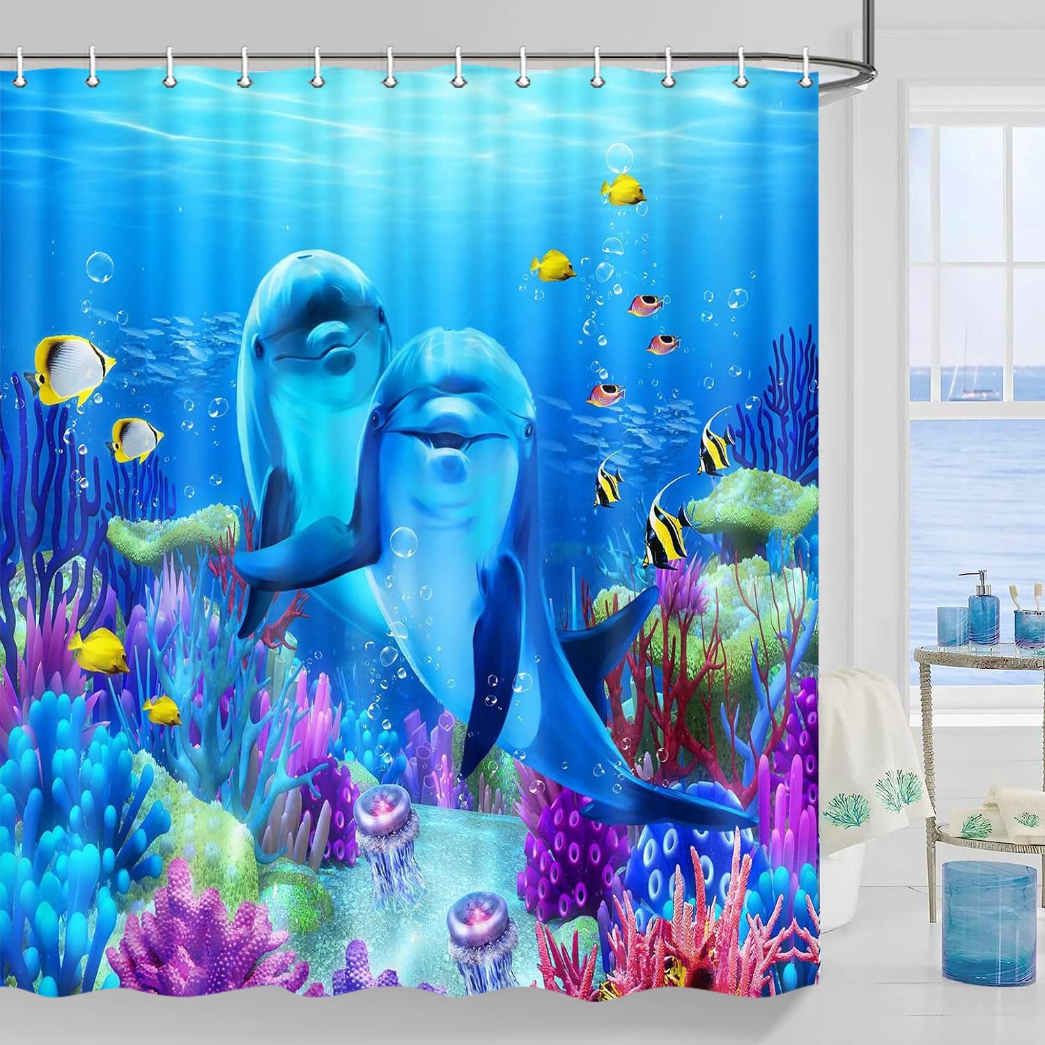 Shower Curtain Blue Tropical Ocean Dolphin Shower Curtain - Coastal Beach  Theme Bathroom Decor 70x70 Inches Tropical Ocean Dolphin Beach Bathroom  Decor, image size:1500x1500