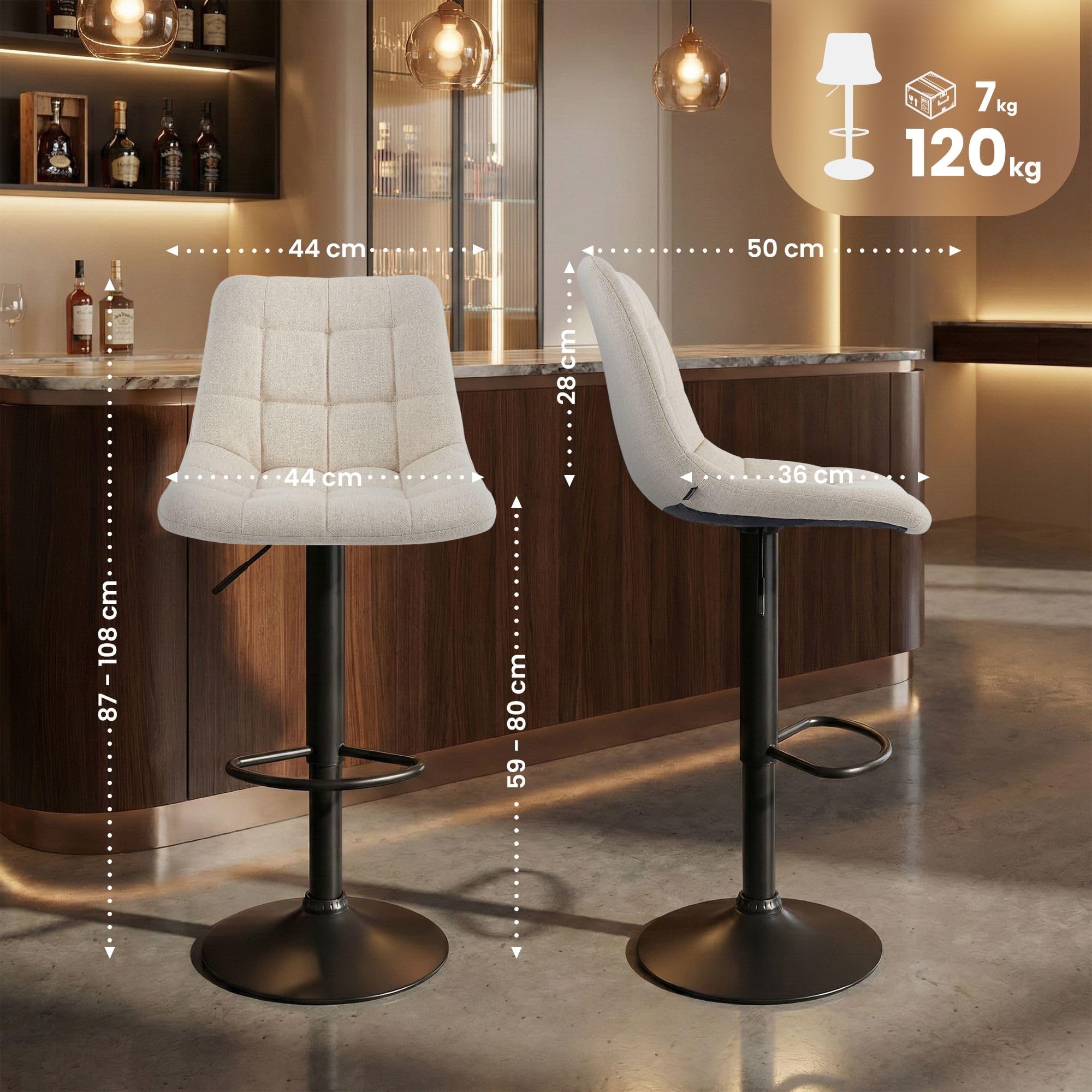 CLP Tabouret de Bar Mapun, Chaise de Bar reglable en Hauteur et pivotante a 360 degres, rembourree, Structure Metallique pour Cuisine, ilot, Couleur:crème, Matériel:Tissu
