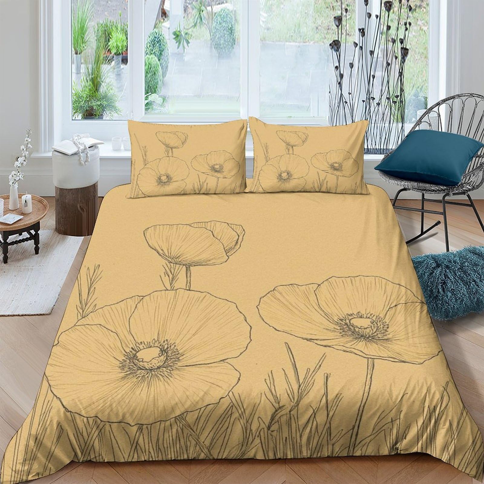 Ctjqhvkz Style-5 3D Printed Yellow Poppy Fitted Sheet Microfiber Soft Floral Mattress Cover For Bedroom Guest Room Dustproof Washable Single（135X200cm）
