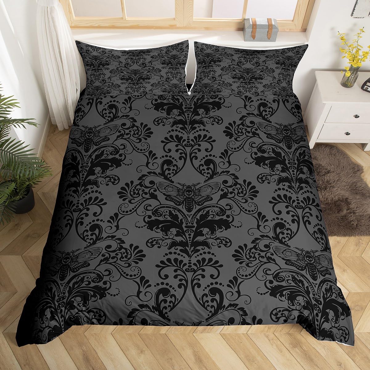 Homewish Adults Black Damask Bedding Set Antique Victorian Baroque Duvet Cover King Size, Gothic Vintage Floral Comforter Cover Exotic Moth Quilt Cover, Gothic Bone Skeleton Bohemian Decor, Grey โ image 1