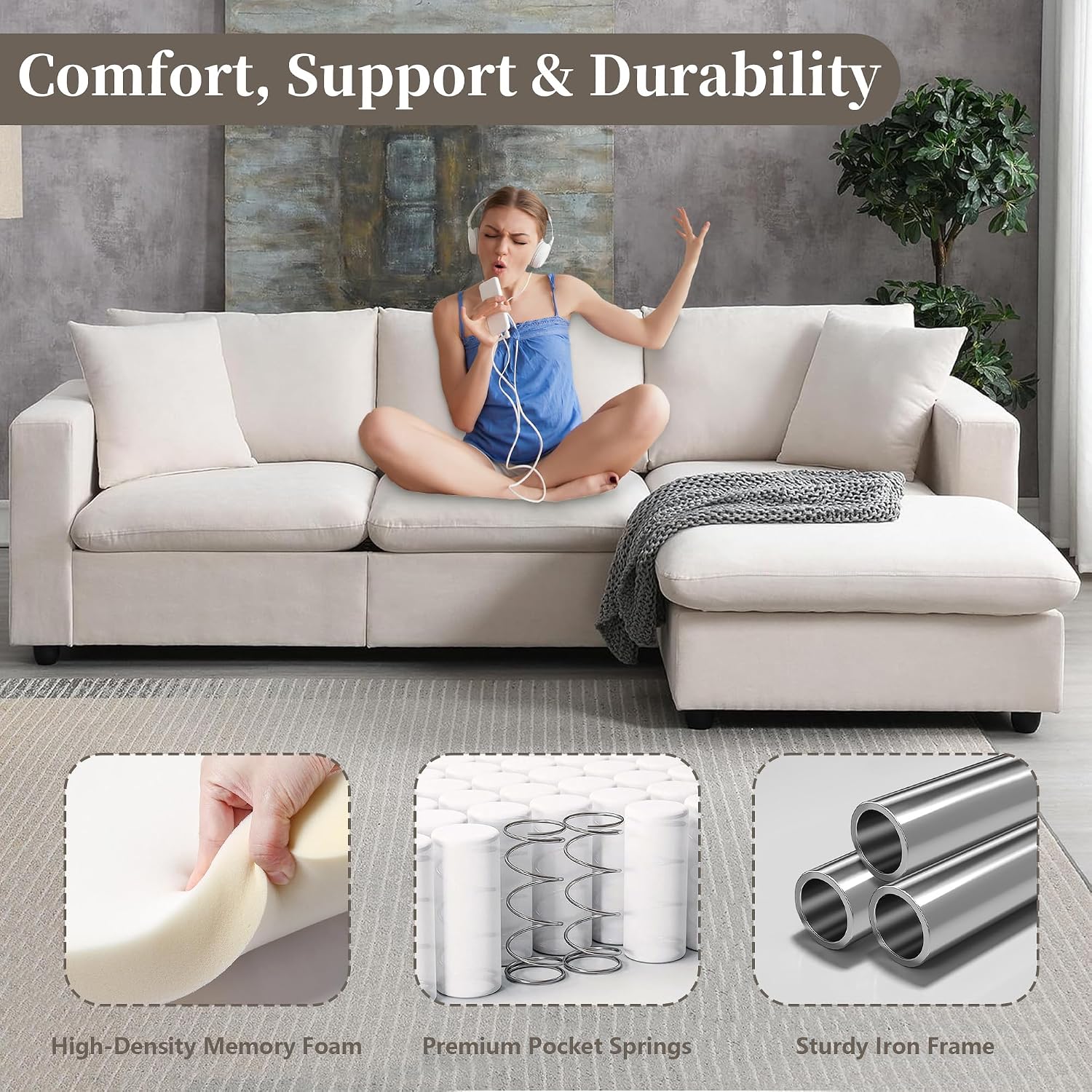 Tmsan Beige L-Shaped Sectional Sofa Set 4-Seater Modular Couch with Ottoman Polyester Fabric