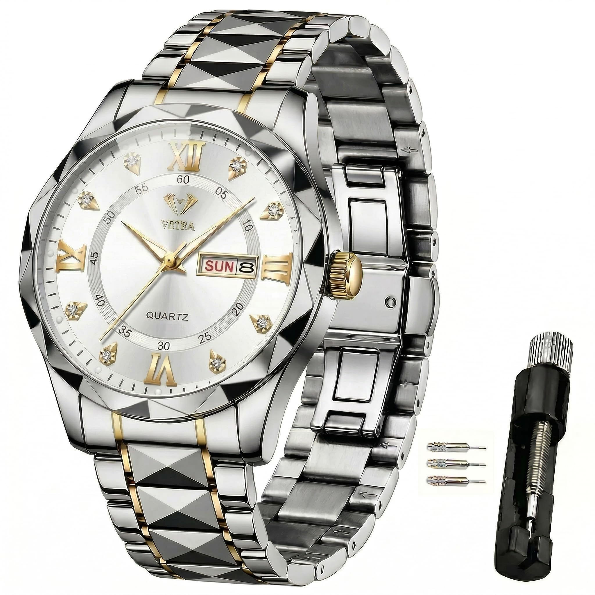 Vetra Herren-Armbanduhr, luxuriös, klassisch, mit Diamanten, modisches Edelstahlband, wasserdicht, leuchtend, Tag und Datum, modisch, minimalistisch, Geschenk für Männer