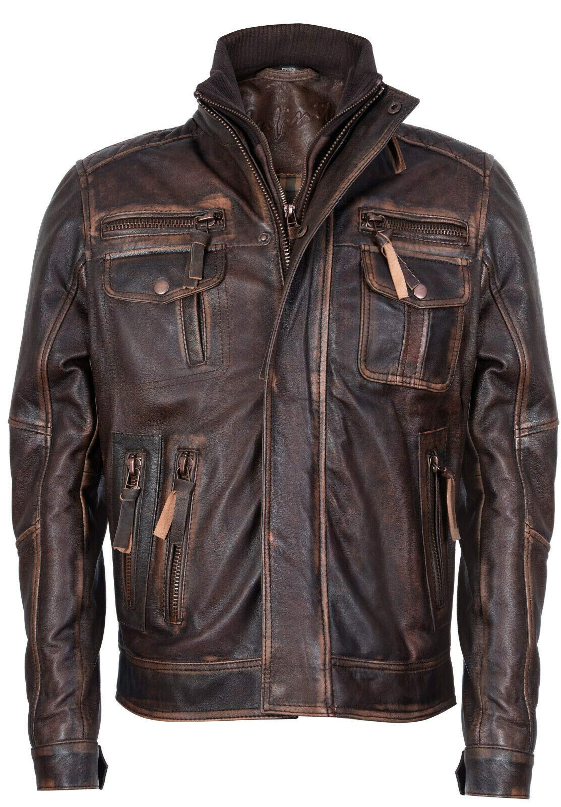 Infinity Leather Men's   Brown Leather Retro Biker Jacket-Toronto in Size L, BrandAlley