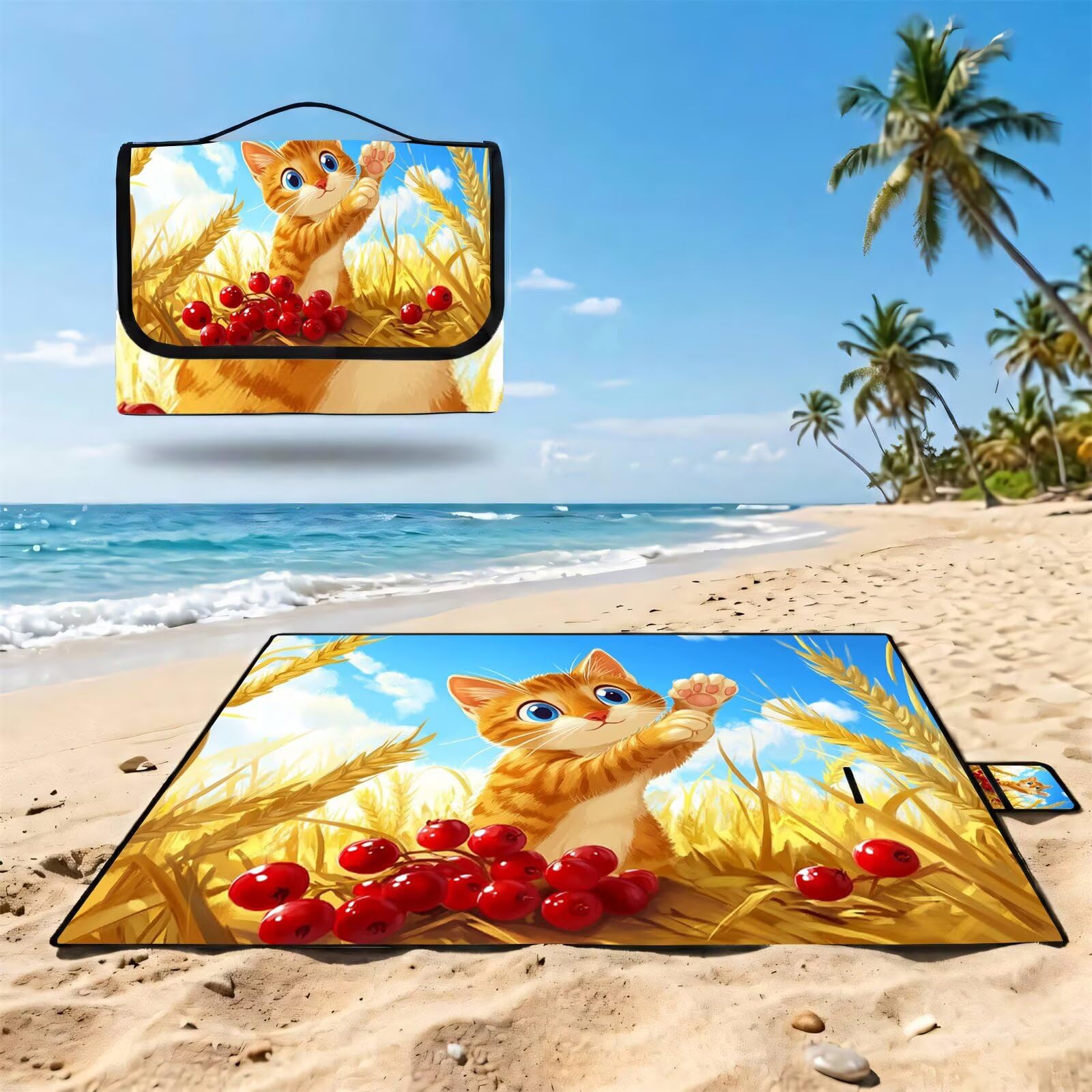 Couverture Pique Nique Grande 200x300cm,Outdoor Couverture Imperméable,Pliable Tapis de Plage Dos en PVC,Picnic Blanket pour Camping Accessoires,Jardin,Parc,Famille - en Automne,Les Chats (1) UZ-714