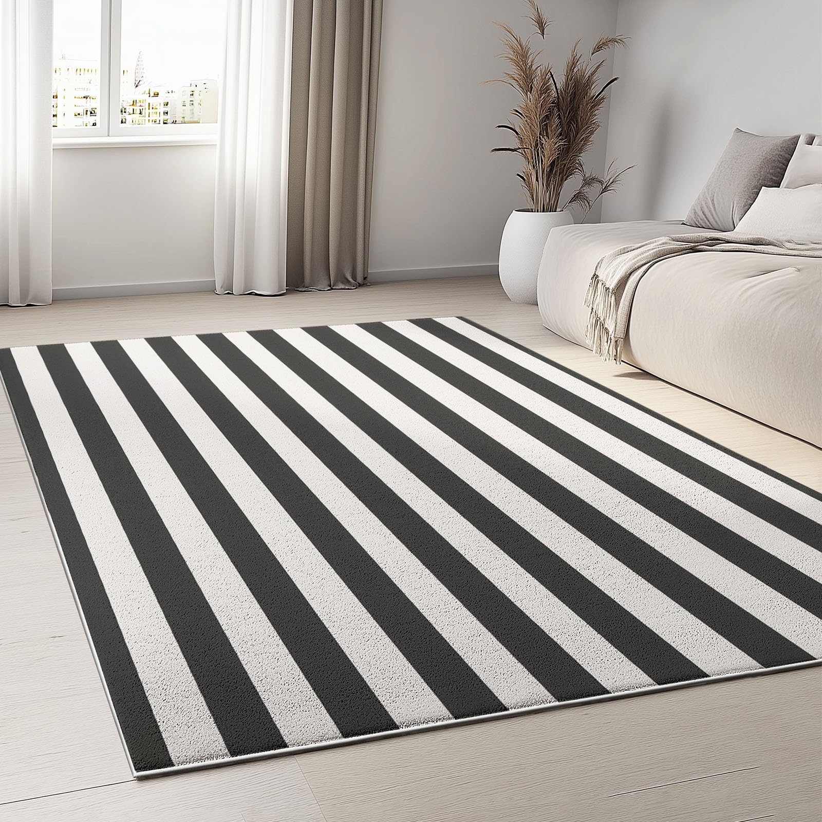 Tapis Lavable en Machine 140 x 200 cm Élégance Moderne Horizontale Et Rayée Tapis Poils Courts Anti-Poussière – Design Élégant et Antidérapant – Parfait pour Salon, Chambre et Couloir, Noir Et Blanc