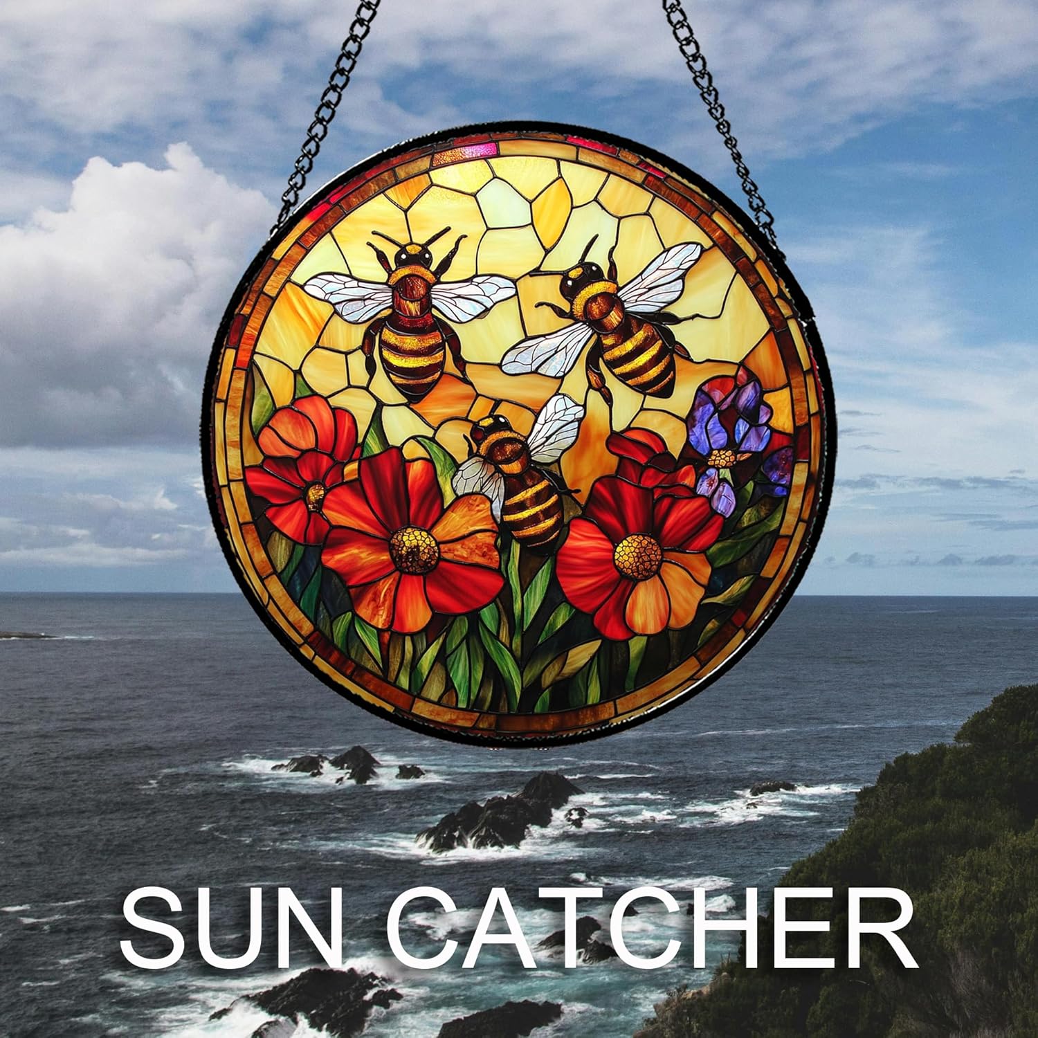 Stained Glass Window Hanging Retro Red Wildflowers Yellow Bee Large 15" - Suncatcher Door Garden Sunroom Sun Catcher Home Decor Birthday Christmas for Mom Men Woman Nana