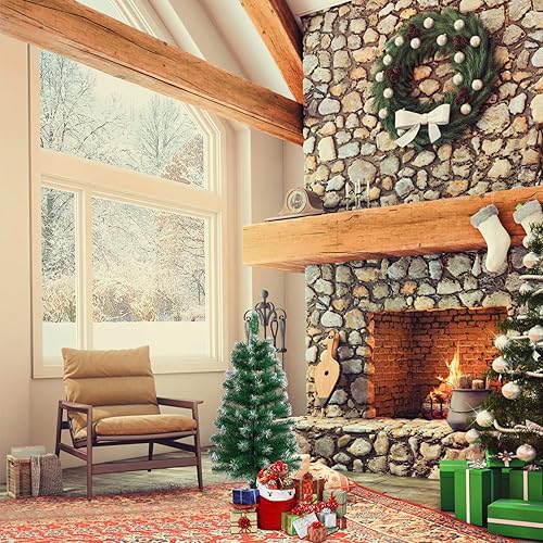 Miniatura 5 de CCINEE Árbol de Navidad Artificial de 3 Pies, Pequeño Mini Árbol de Navidad Verde de Mesa con Puntas de Nieve Escarchada Flocada y Soporte de Metal