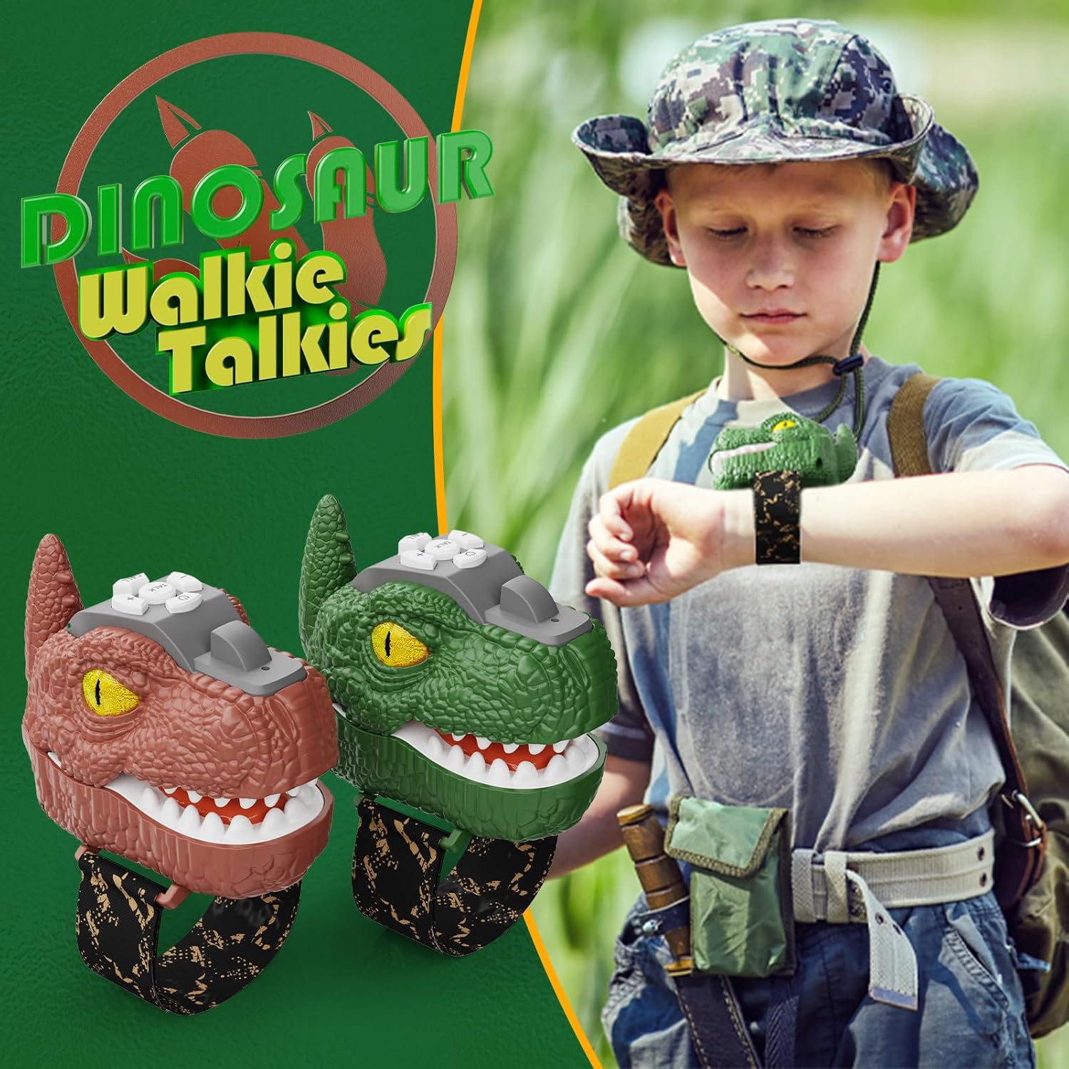 Dinosaur Walkie Talkies for Kids, Adjustable Volume, 500 Meters Range, Outdoor Adventure Toys for Boys & Girls 3-12 Years Old