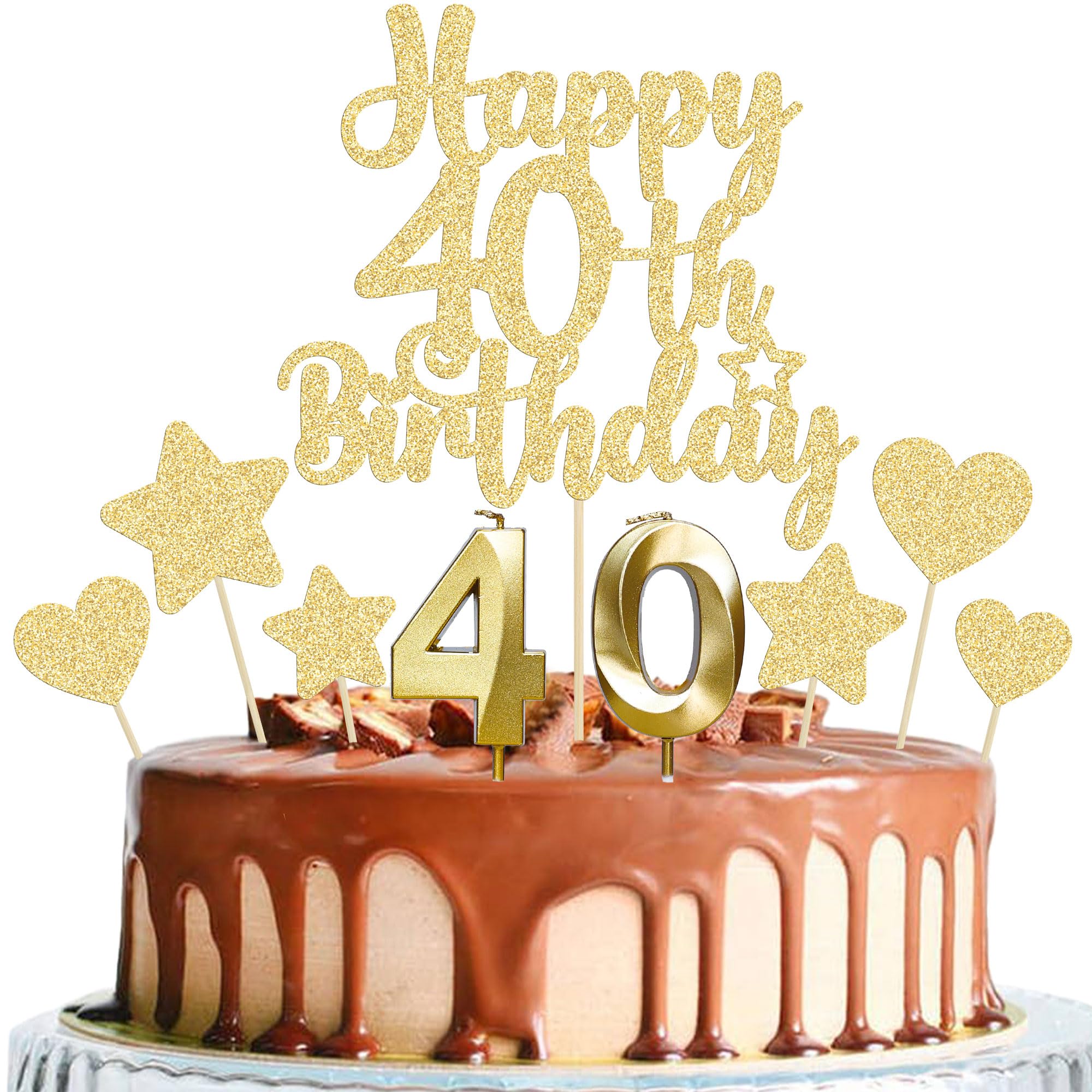 Gyufise 15Pcs Happy 40th Birthday Cake Topper Set with Heart Star Glitter Cheers to 40 Years Cake Picks Number 40 Candles Cake Decorations for Happy 40th Birthday Anniversary Party Supplies Gold