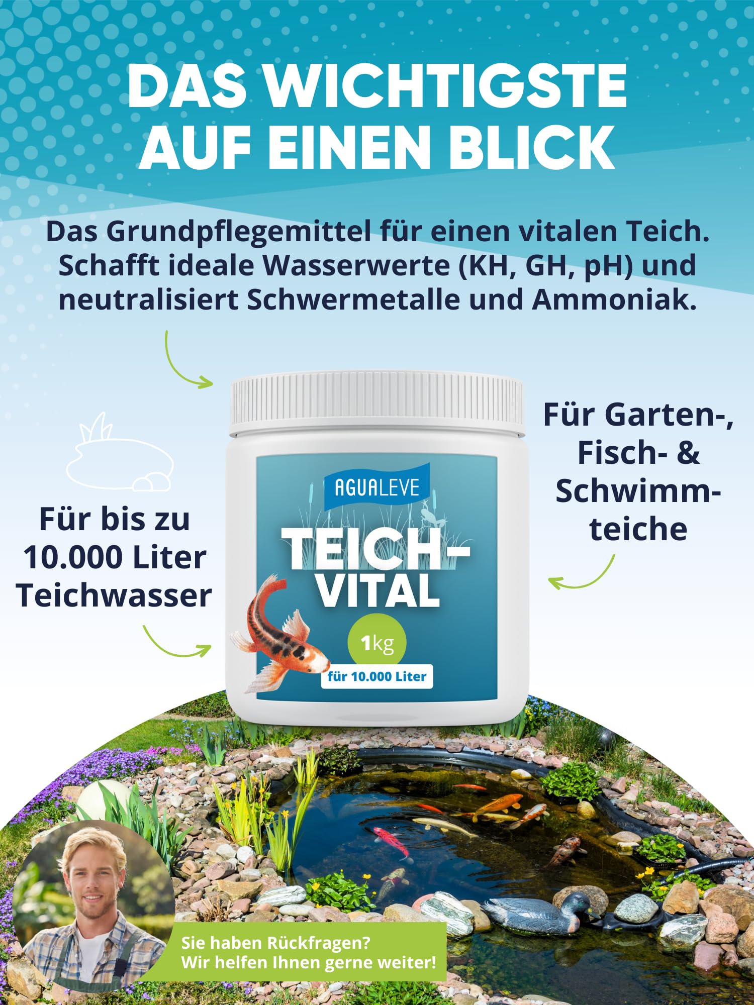 AGUALEVE® Teichvital 1kg *NEU* | der Fittmacher für jeden Teich mit innovativen BIO3-Hochleistungs-Mikroogransimen | für Fisch-, Garten- & Schwimmteiche | Made in Germany | für 10.000l Teichwasser