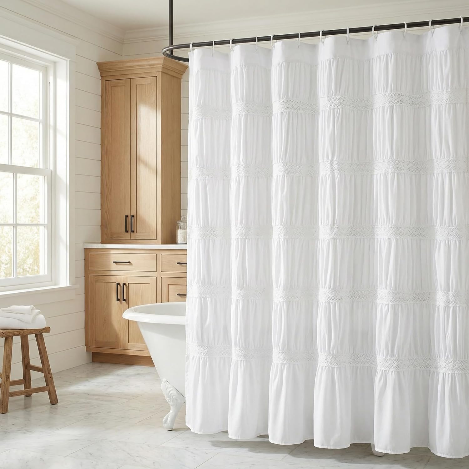 HIG White Ruffled Lace Shower Curtain - Farmhouse Modern Fabric Bath Curtain - Decorative Solid Color Privacy Bathroom Curtain for Tub or Stall