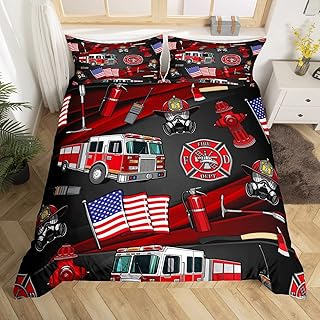 American Flag Duvet Cover Set King,Cartoon Fire Truck Bedding Set 3pcs for Kids Teen Boys Room Decor, Fire Fighting Supplies Comforter Cover Soft Fire Extinguisher Quilt Cover with 2 Pillowcases