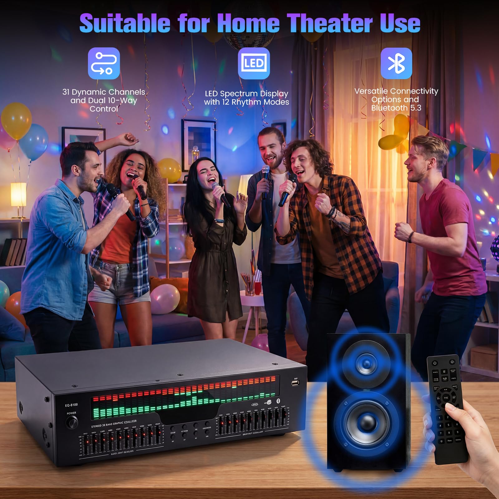 Ecualizador digital de 31 bandas con indicador LED de espectro – EQ gráfico estéreo profesional y procesador de sonido, control de sonido dual, reducción de ruido para estudios, grabaciones y