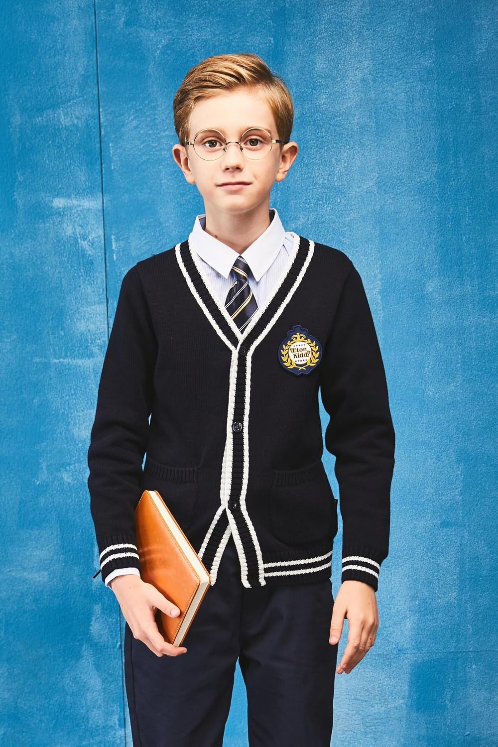 eton kidd Striped Cardigan Sweater with Refined Contrast Collar and Windproof Cuffs