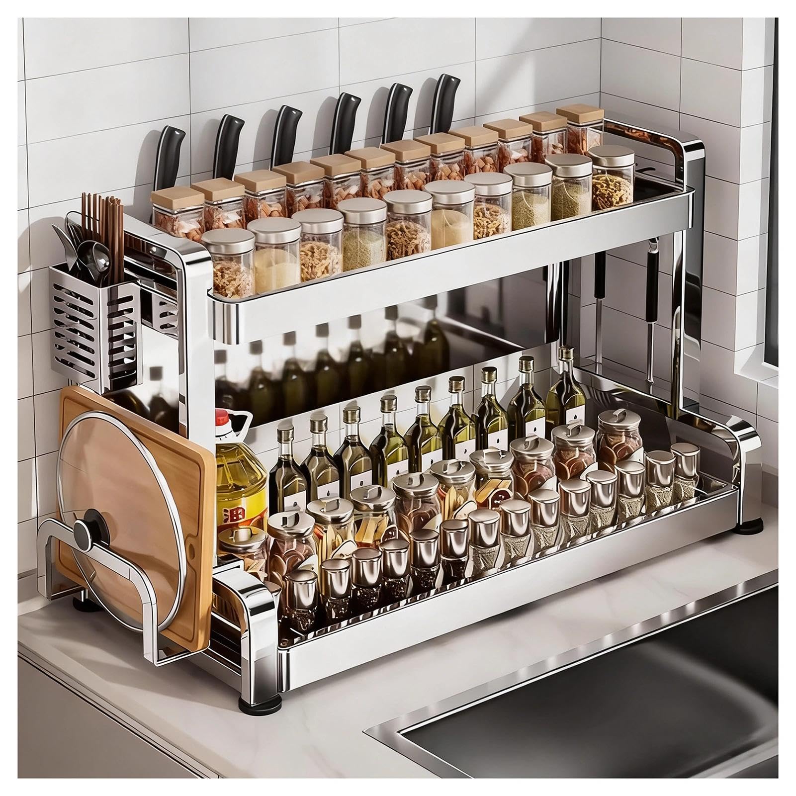 TIANQIHAO Stainless Steel Spice Rack With Hooks And Knife Holder,Metal Storage For Office And Living Room,2 Tier-19.7in