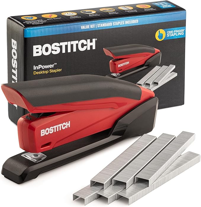 Bostitch Stapler with Staples InPower Red Stapler Spring Powered