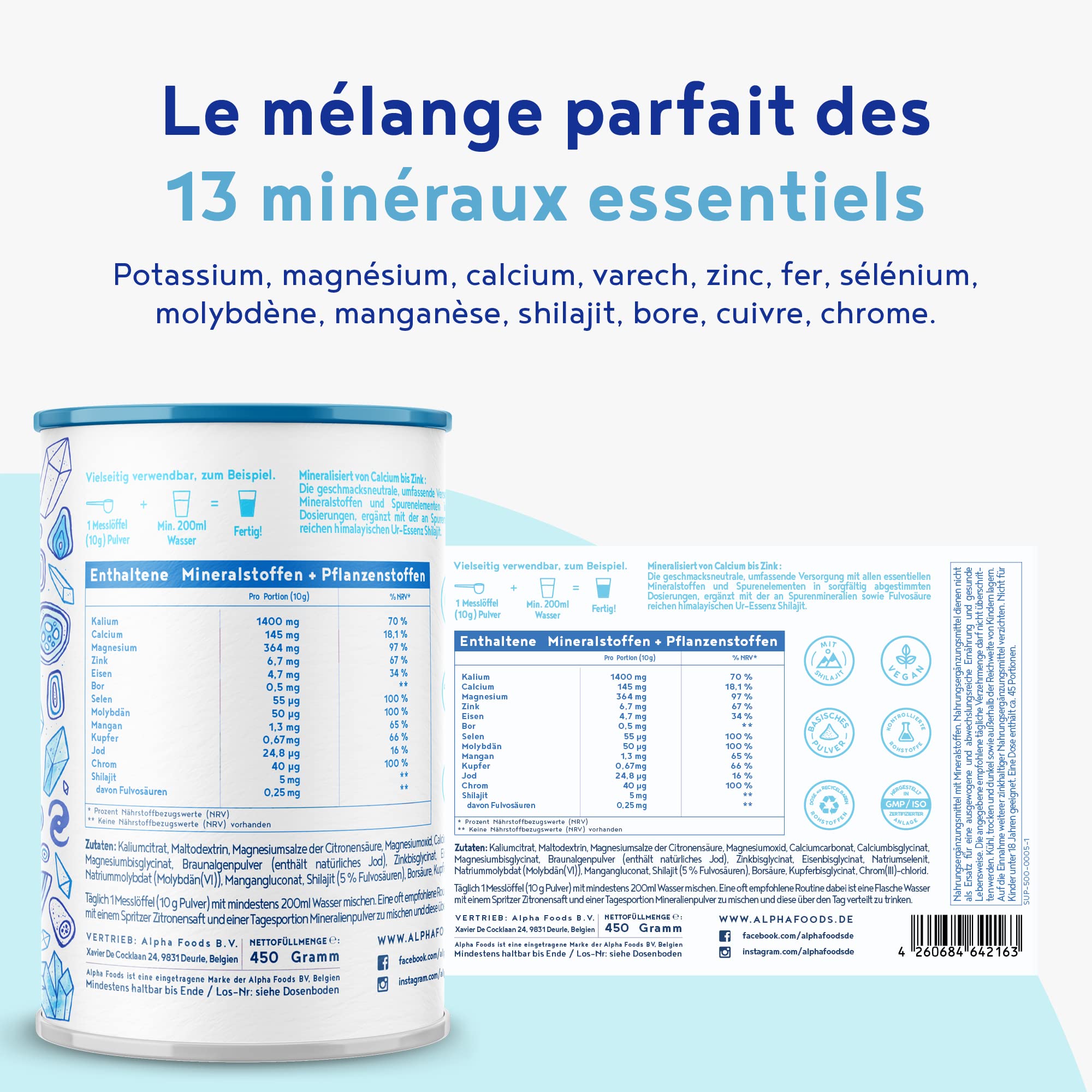 Minéraux et oligo-éléments - Avec l'essence d'origine Shilajit - Sans additifs ni substances auxiliaires - Mélange optimalement biodisponible de composés minéraux actifs - 450g de poudre