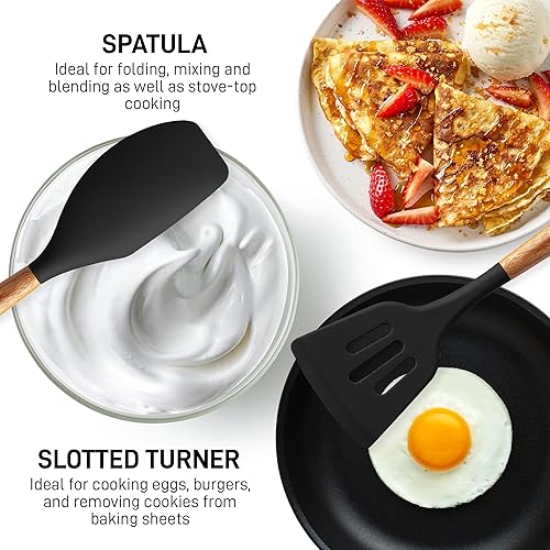 Miniatura 5 de Zulay Kitchen Juego de utensilios  Juego de utensilios de cocina de silicona antiadherente con asas de madera de acacia auténticas  Juego de