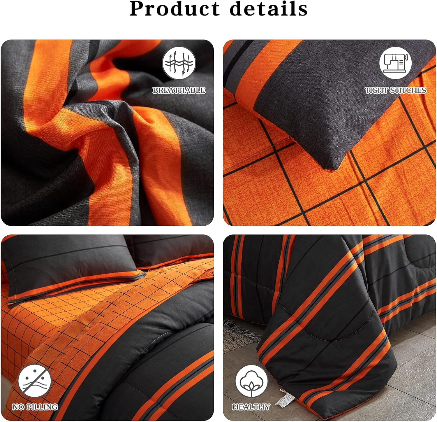 Flysheep Boho Striped Halloween Bed in a Bag 6 Pieces Twin Size, Ombre Bright Orange Stripes on Black Comforter Sheet Set (1 Comforter, 1 Flat Sheet, 1 Fitted Sheet, 2 Pillow Shams, 1 Pillowcase) - Image 5