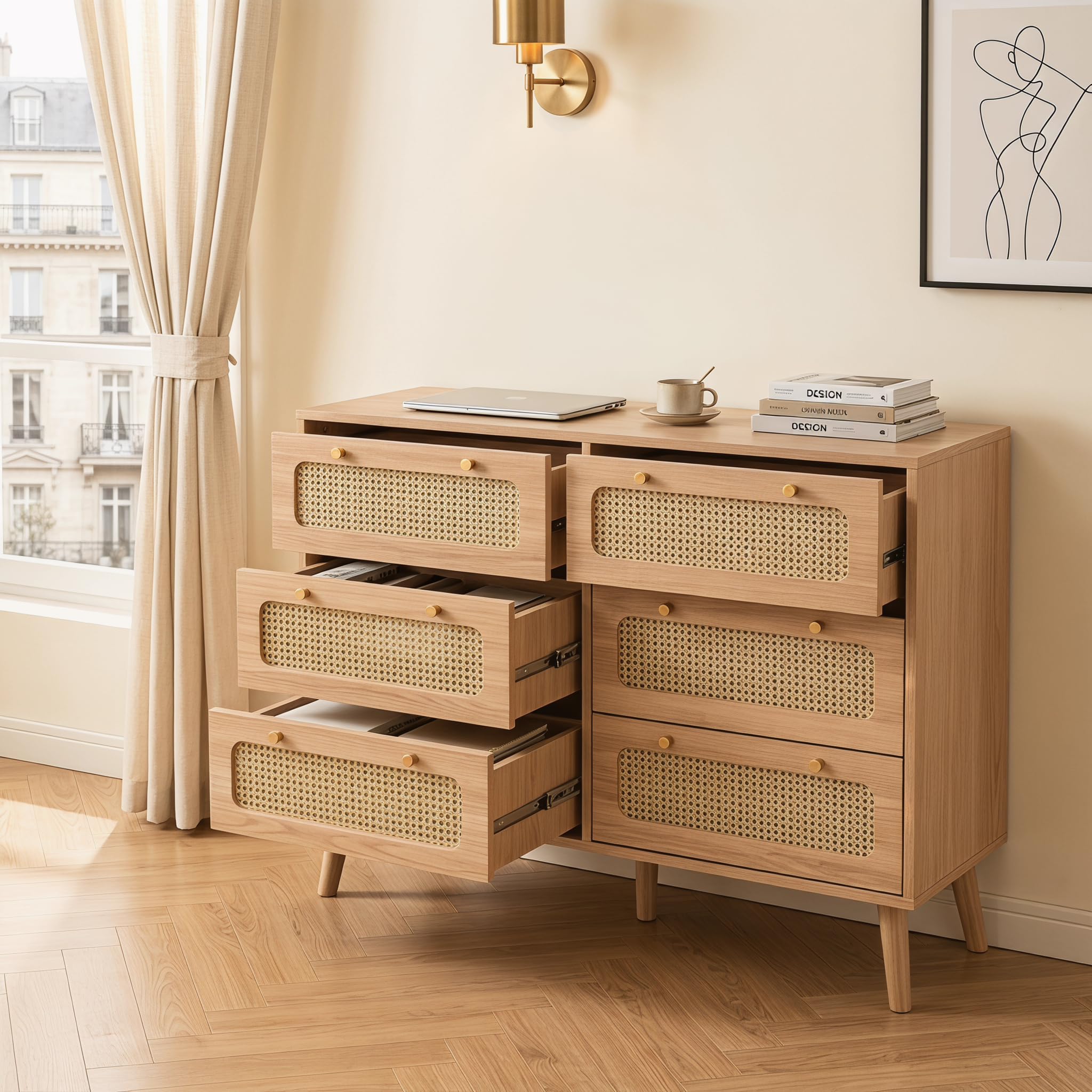 Cassettiera in rattan naturale con 6 cassetti in rattan, in legno, 100 x 34 x 73 cm, moderna per ufficio, soggiorno e camera da letto