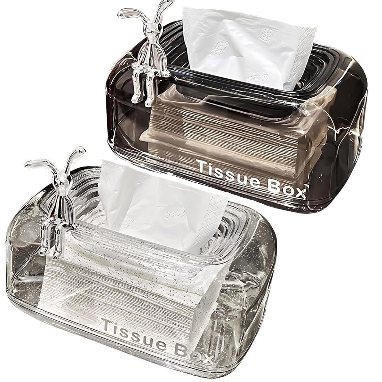 RUIYIJIU 2 Pack Tissue Box Cover Rectangle, Acrylic Self Sinking Tissue Holders Decorative Paper Organizer Dispenser for Bathroom Home Desk Living Room, 7.8X4.7X3.9''(Clear+Black)