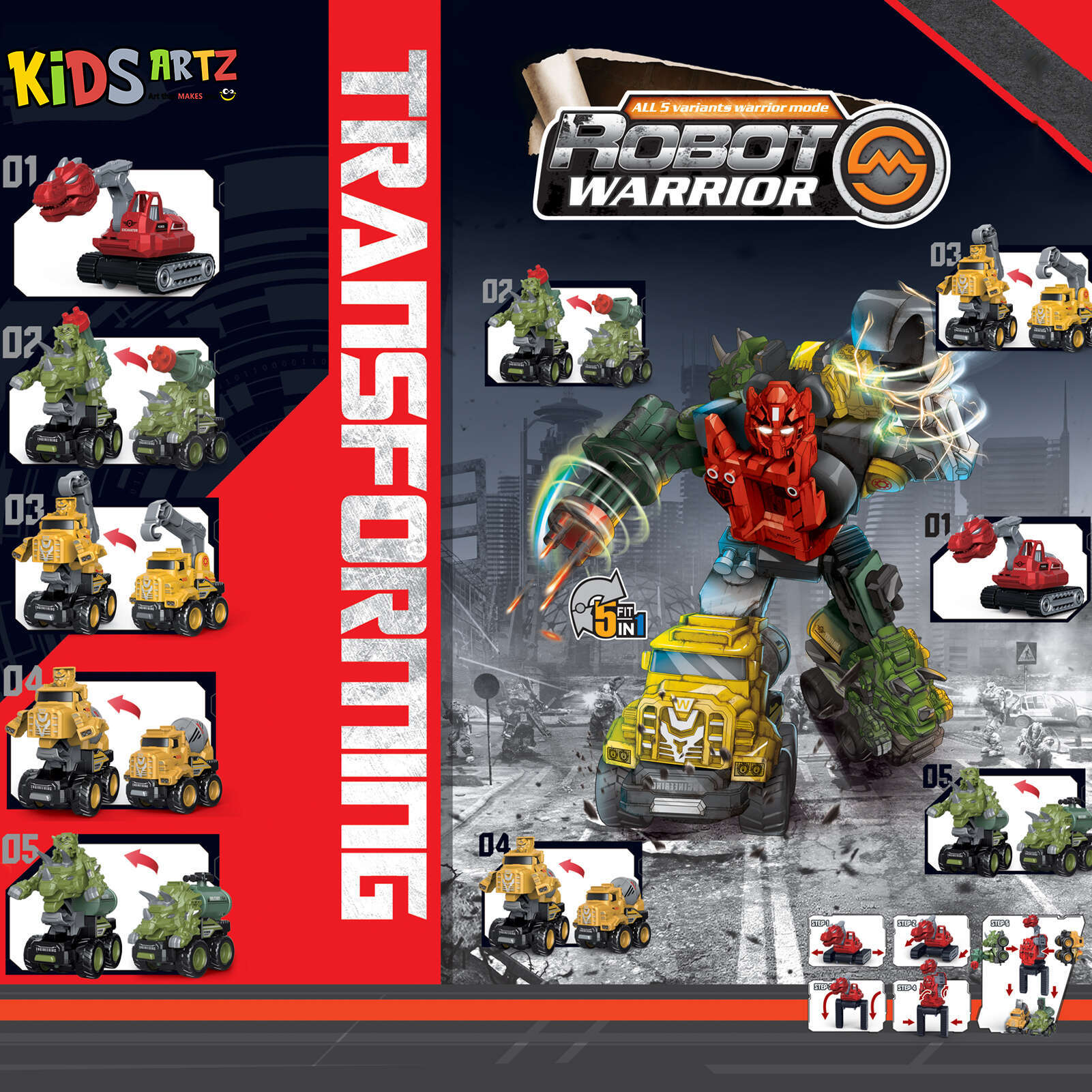 KIDSARTZ - Five-in-one Transformer Toy Car.(A Set of Five Cars