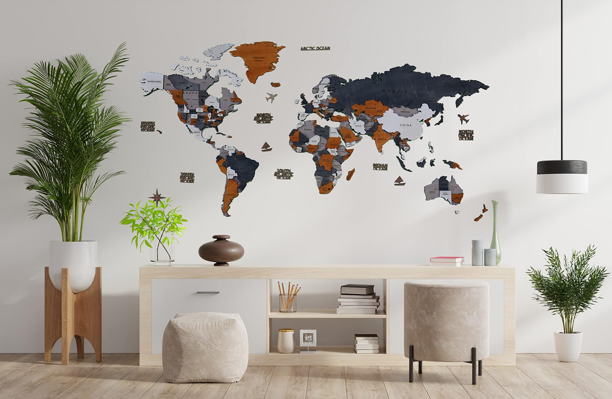 World Map, Wall Art Decor, Wooden World Map, 3D World Map, Large Map, Gift Map, Housewarming Gift, Office Decor Map, Orange Color Wooden Map (Large Map - (79 x 38 inch), Country + State)