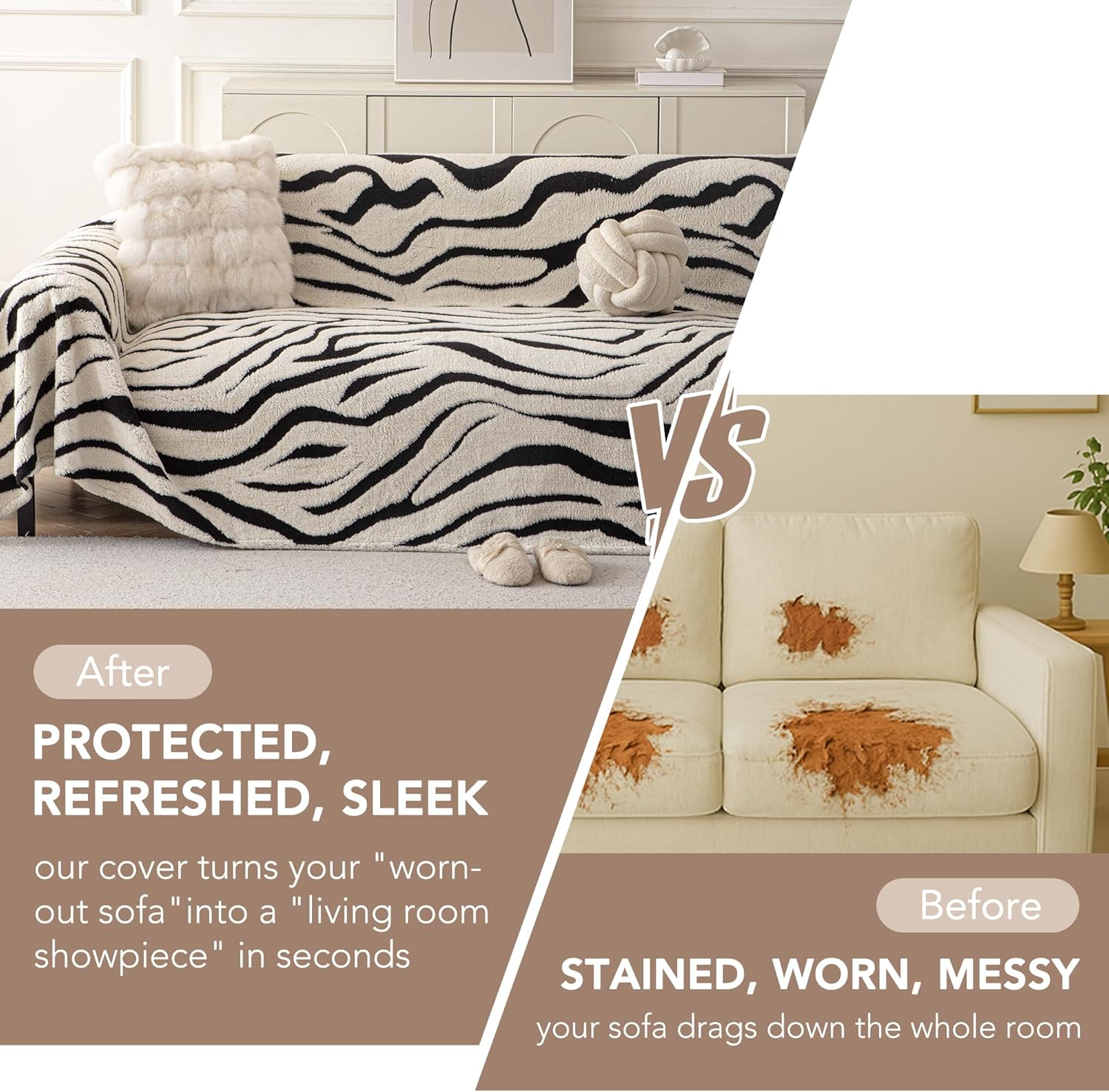 Non Slip Couch Covers for 3 Cushion, Scratch Resistant Pet Friendly Sofa Couch Covers for Dogs, Sherpa Velvet Protectors Slipcovers, Washable Furniture Covers, 71" x 134", Zebra Wave White