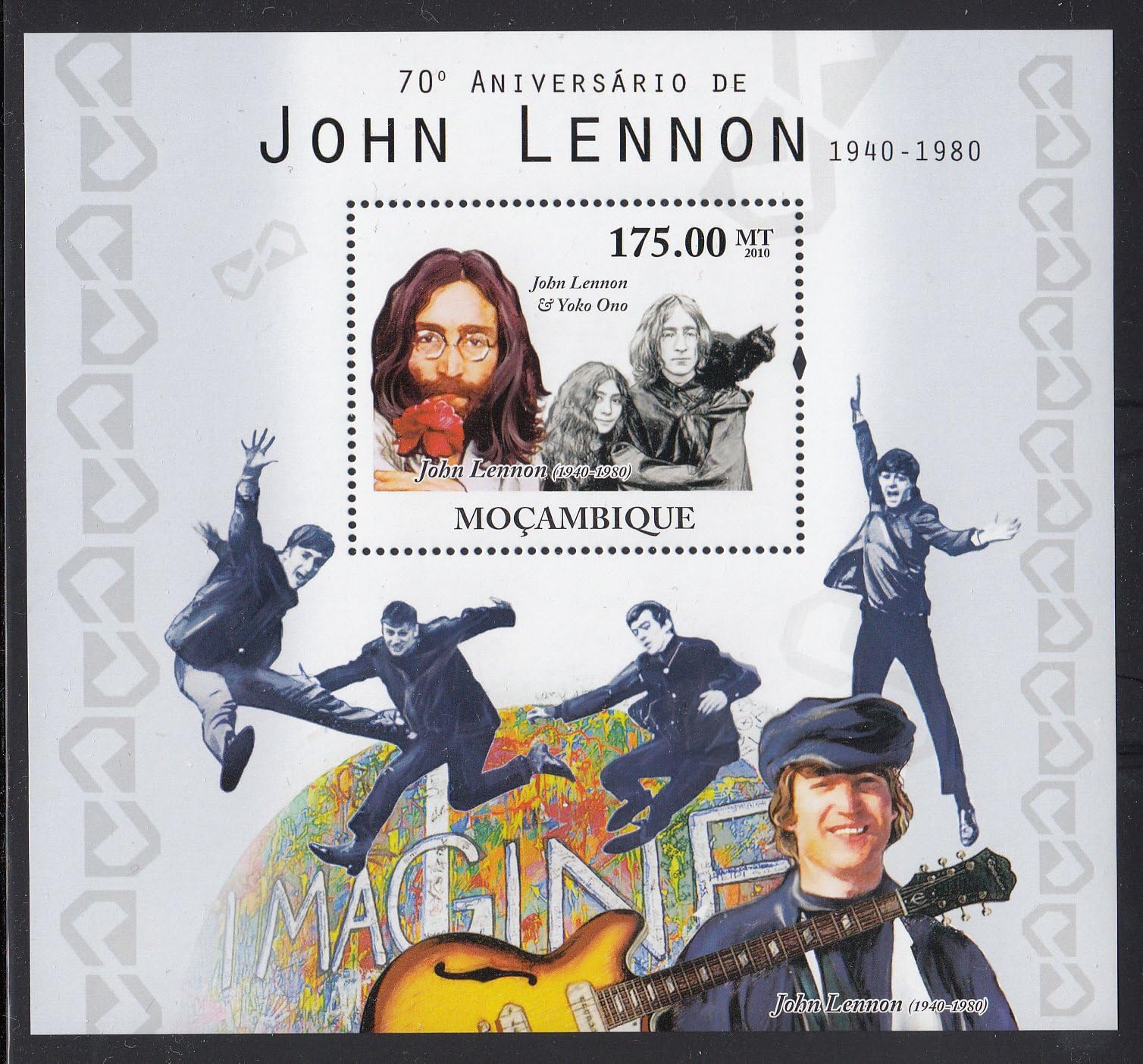 J. Lennon, Yoko Ono 70th Anniversary, Beatles Collectible Postage Stamp Mozambique 2115
