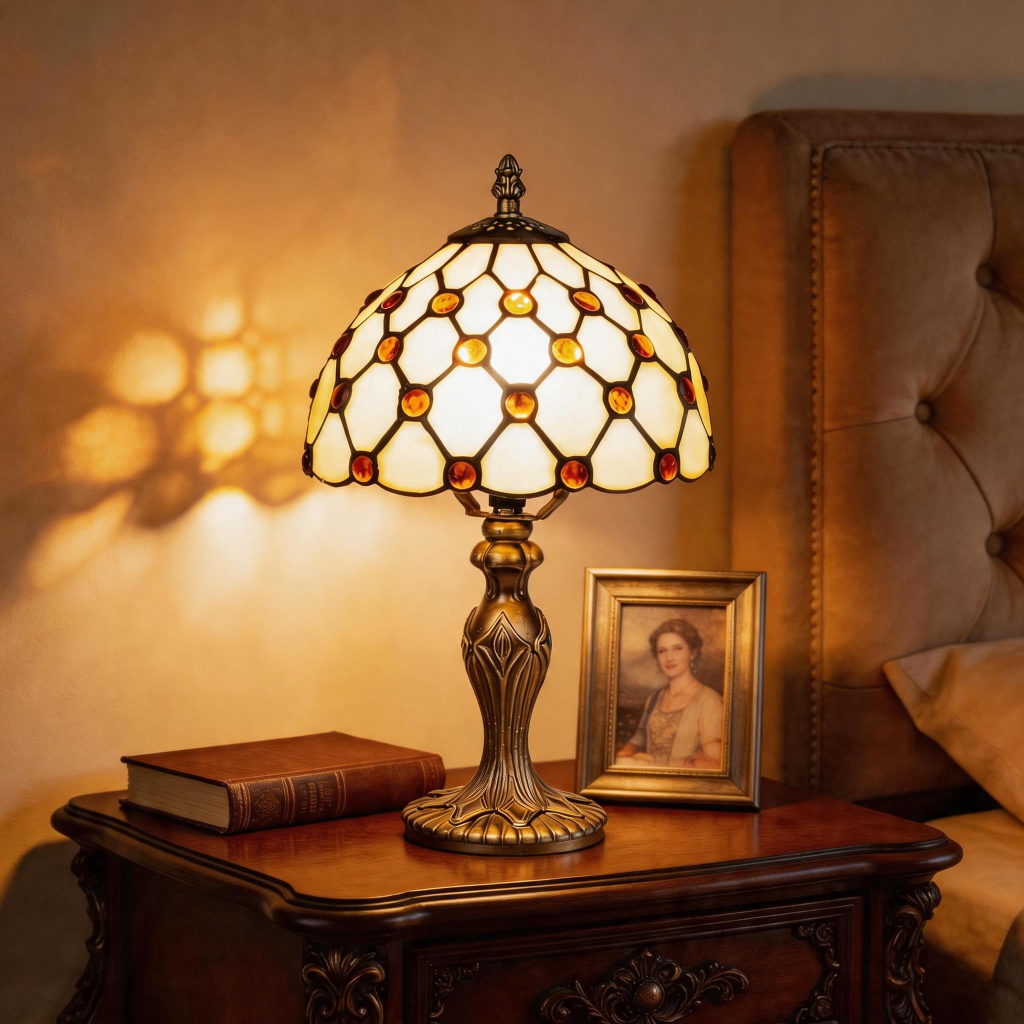 Plynvexa Tiffany Lamp,8" Yellow Beads Stained Glass Table Lamp,Tiffany Style Vintage Lamp for Bedroom,Living Room,Office Luxury Hotel-Inspired Nightstand Lighting — image 1