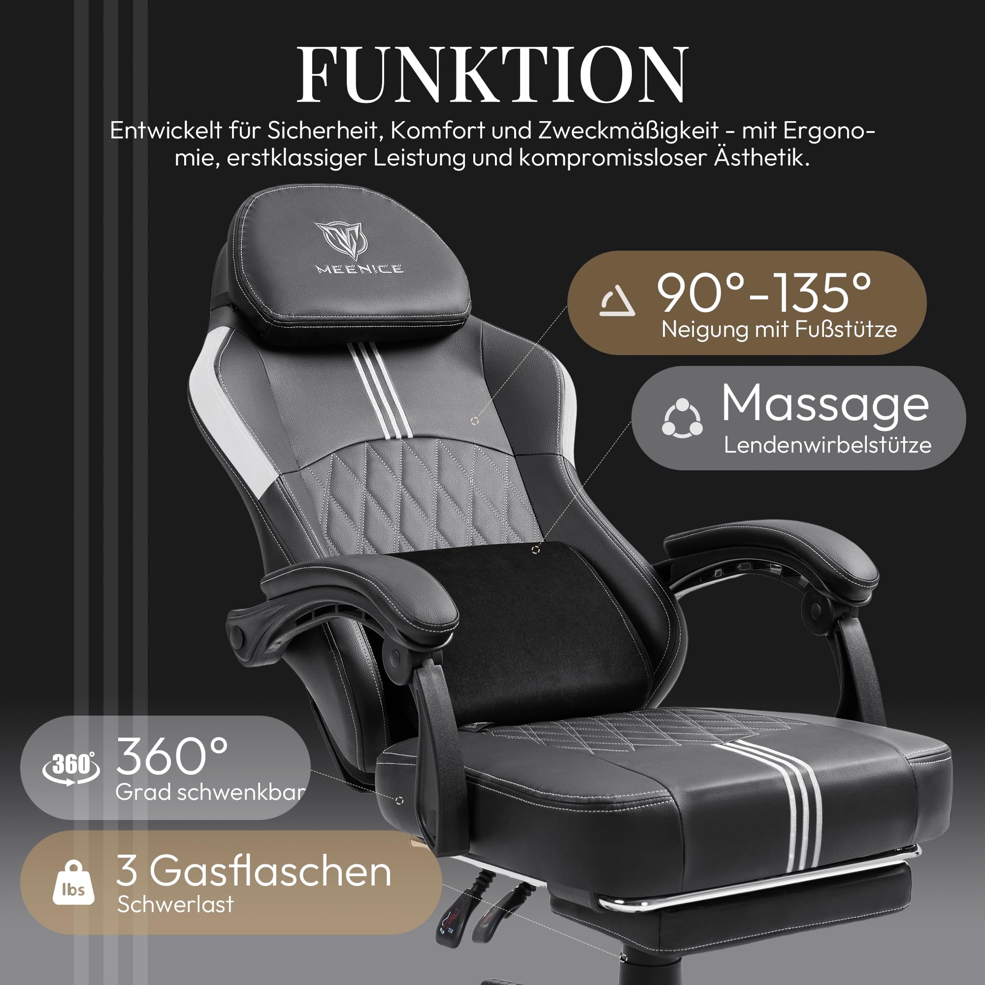 Silla de gaming con cojín de muelles ensacados y gel de refrigeración, sillón de masaje para juegos con reposapiés, silla ergonómica de juego de espalda alta para adultos, negro y blanco