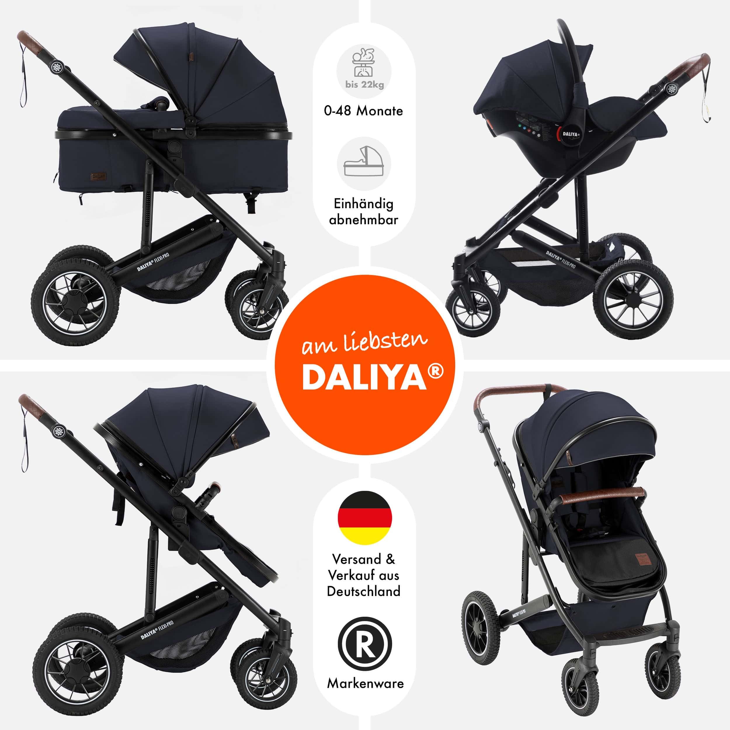 Daliya® FLEXI-PRO M 3in1 Kinderwagen & Buggy mit i-Size Babyschale, Viel Zubehör (Blau-Grau)