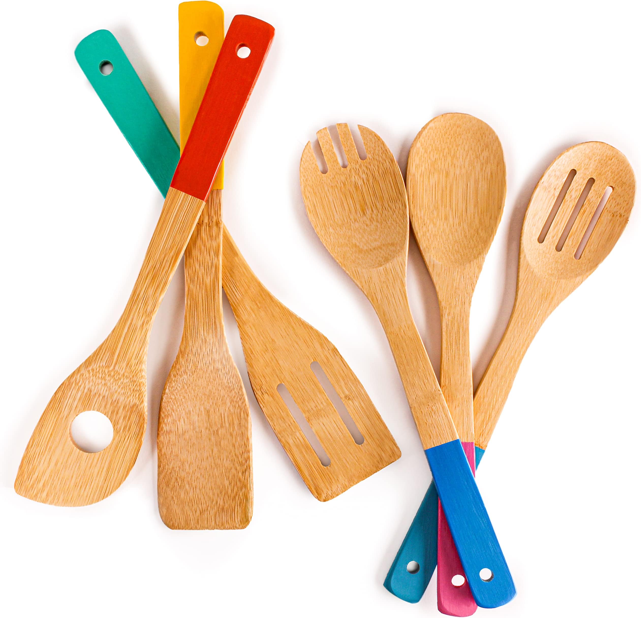 Bamboo 6Pc Utensil Set, Slotted & Plain Spatula, Slotted Spoon, Serving Spoon, Spaghetti Spoon, Salad Spoons 12" Multi-colors with Hanging Loop
