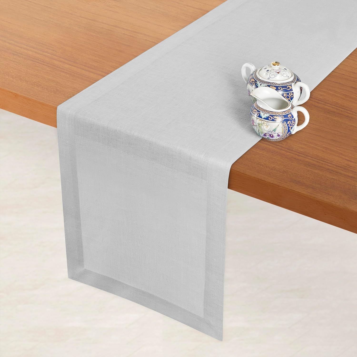 D'Moksha Homes Linen Silver Grey Table Runner 90 Inches Long - 100% Pure Linen 14 x 90 Inch Table Runner for Dining, Fall, Autumn and Halloween - Machine Washable