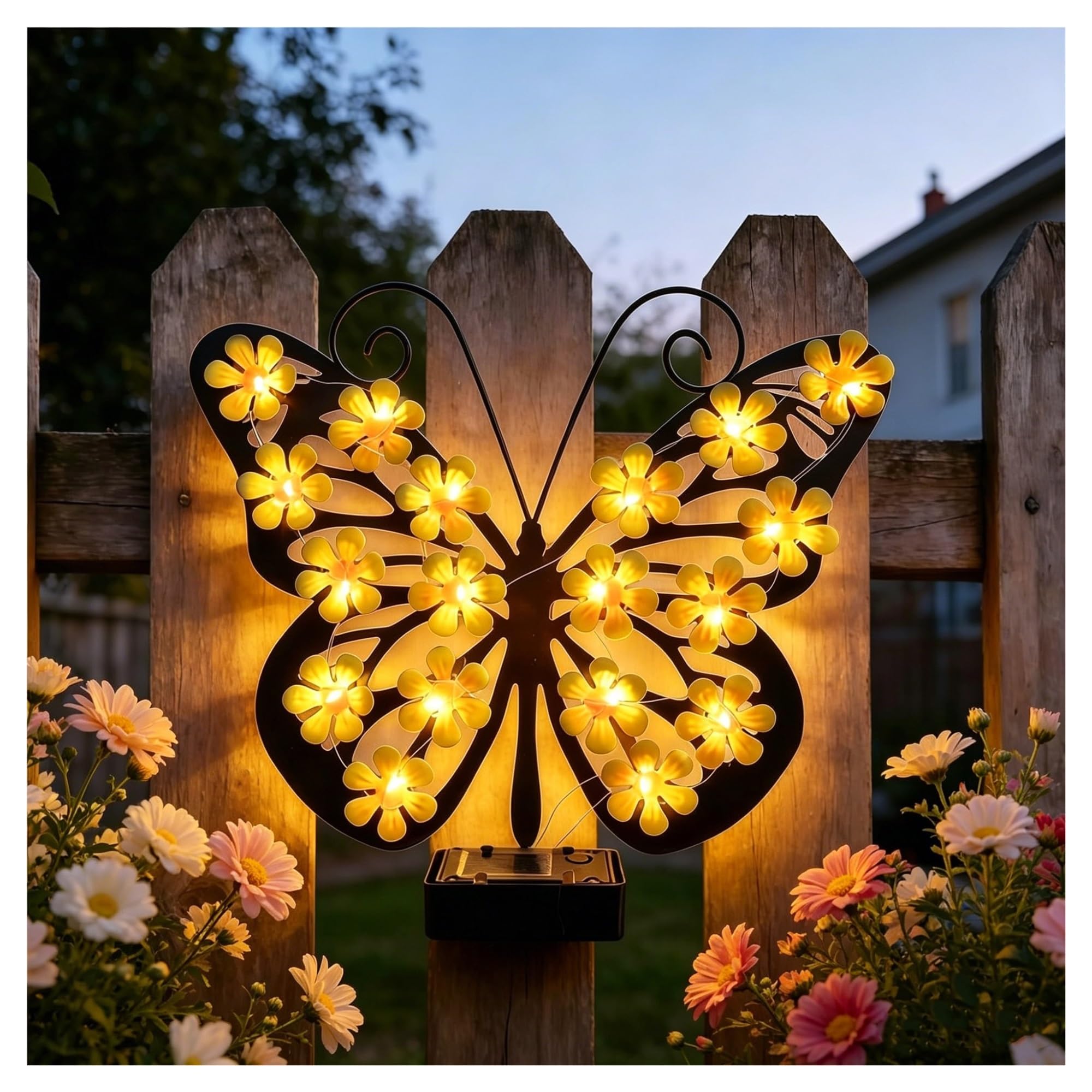 sloiaz Solar Butterfly Garden Wall Decor Light, Metal Butterflies-Flower Illuminated Fence Lamp, Waterproof Art Decorative LED Hanging Light for Garden Yard Patio Decor(1pcs)