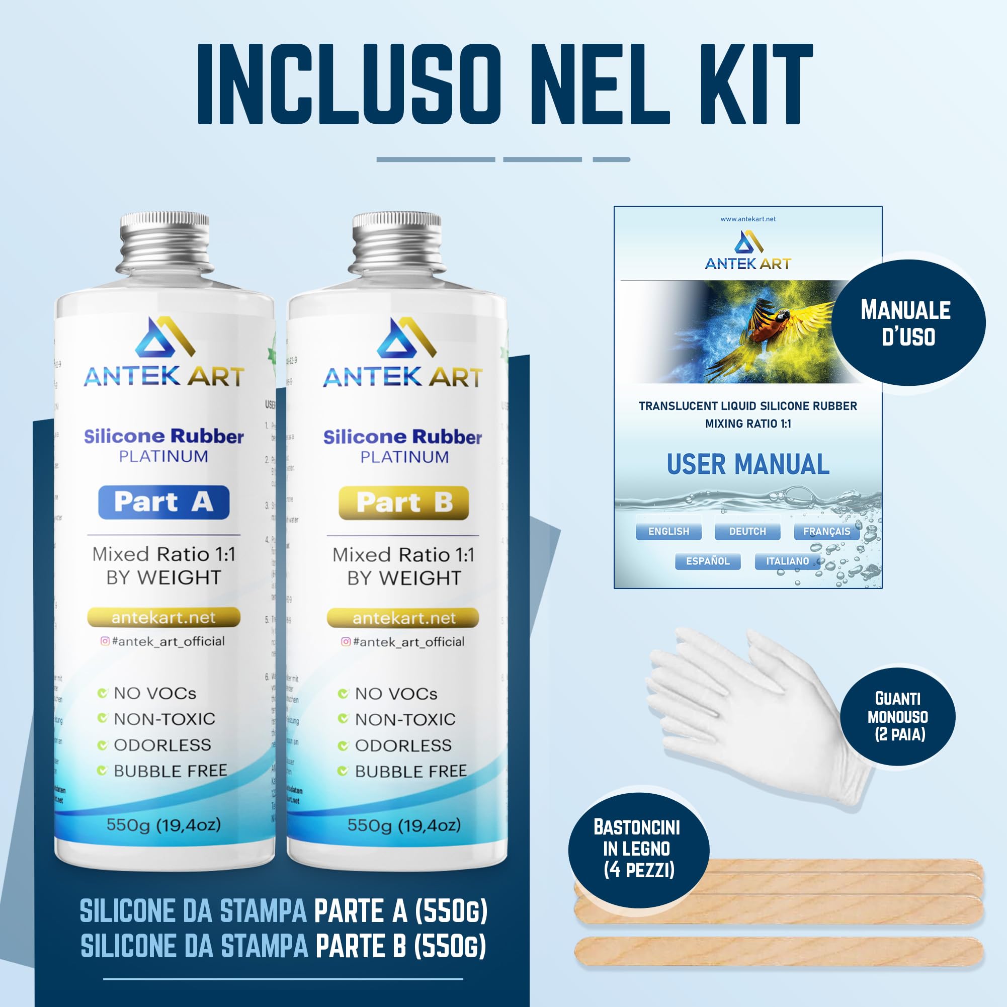 Stampo del Silicone che Fa il Kit - Gomma di Silicone Liquida Traslucida - Miscelazione 1:1 - Auto-degassante, Indurimento Veloce - Stampi della Resina, Colata, Gioielli, DIY (1100g Kit)
