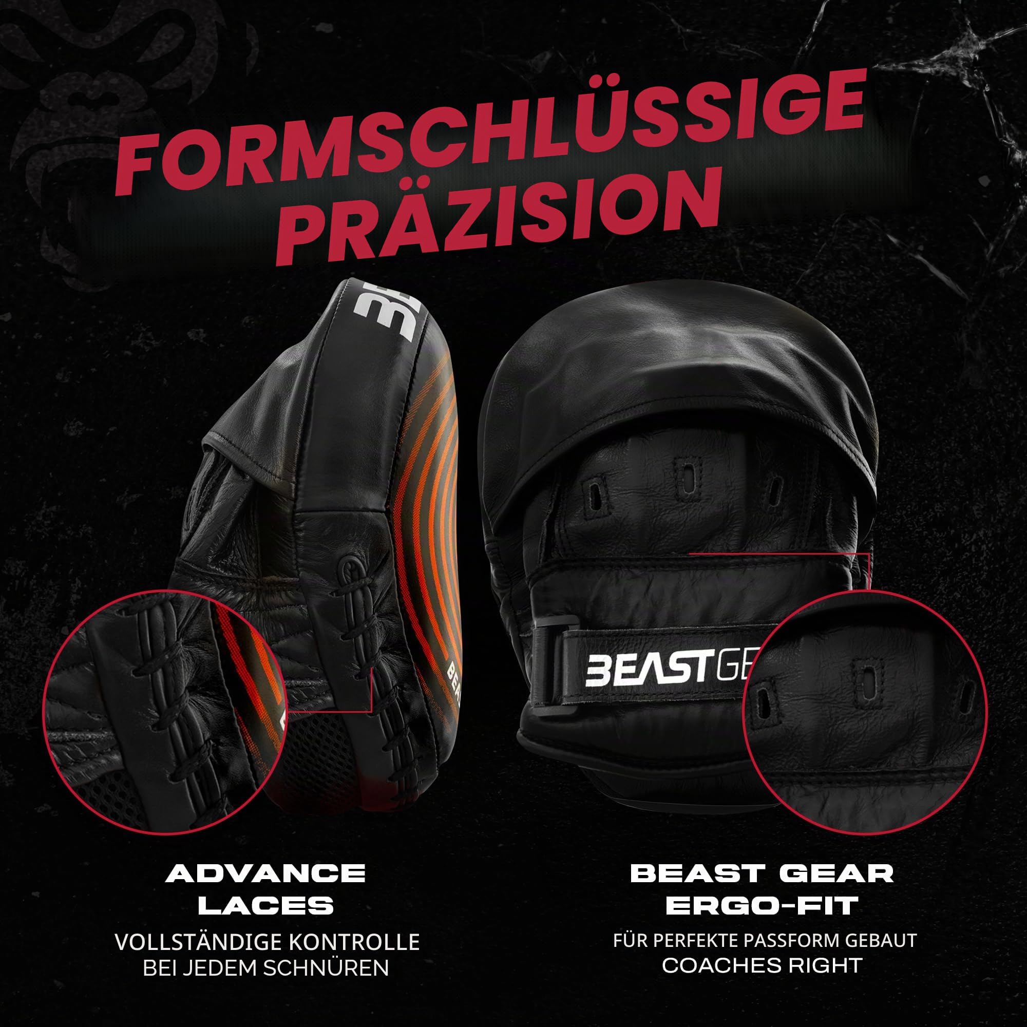 Beast Gear Box-Pads - echtes Rindsleder Mitts für Hook & Jab - Curved Design mit Handgelenkstütze & Verstellbarer Gurt für MMA, Kickboxen & Muay Thai - Sparring Equipment